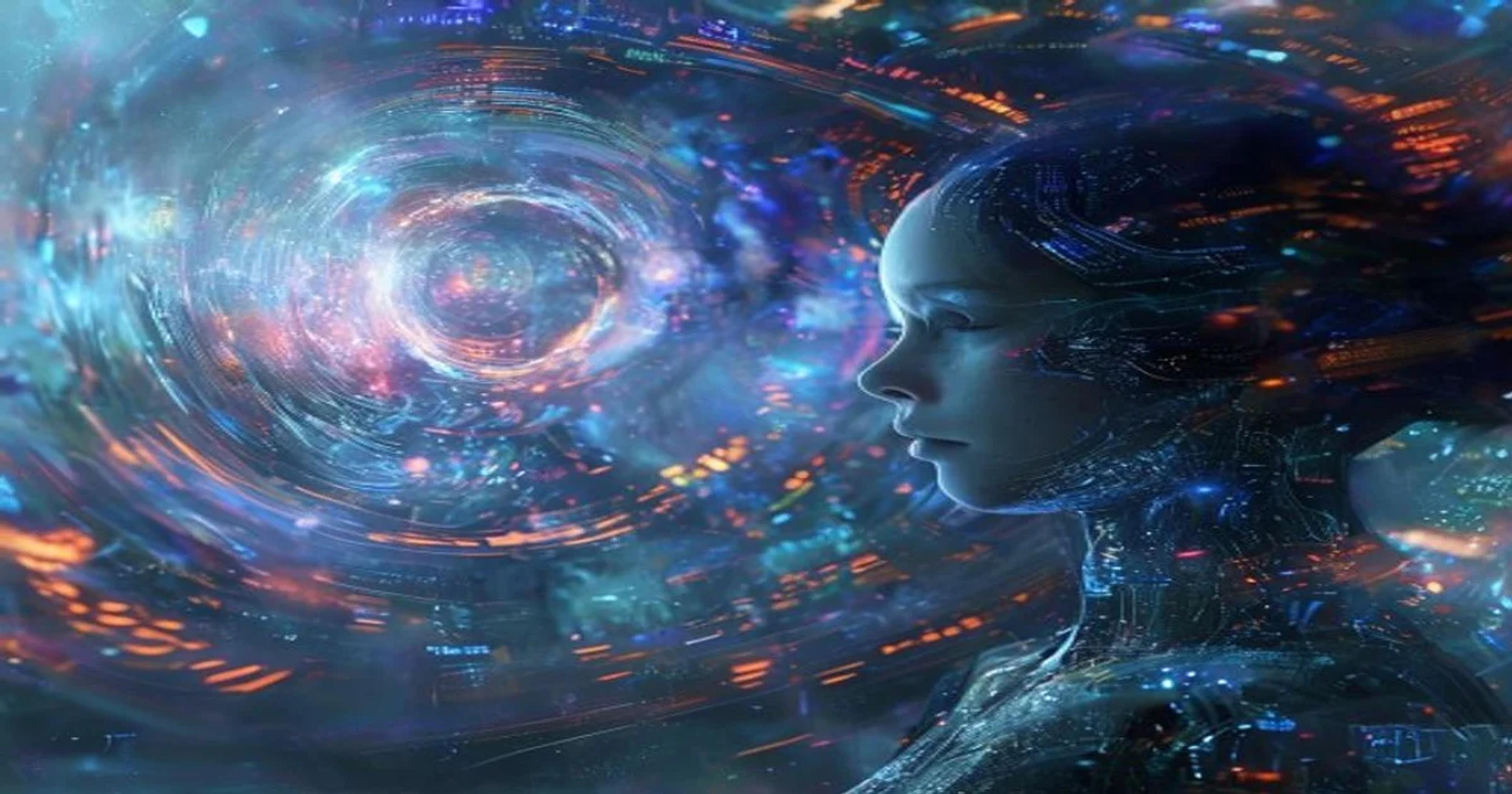 A visual representation of an advanced AI system's perception of reality through data and simulation.