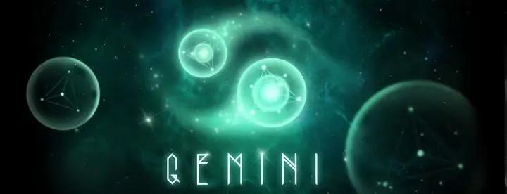 A high-tech cinematic banner featuring the word "GEMINI" in a futuristic white font at the bottom. Several glowing teal spheres containing geometric triangular patterns float within a deep space nebula filled with stars and cosmic dust, representing the intelligence and expansive power of Google's Gemini AI