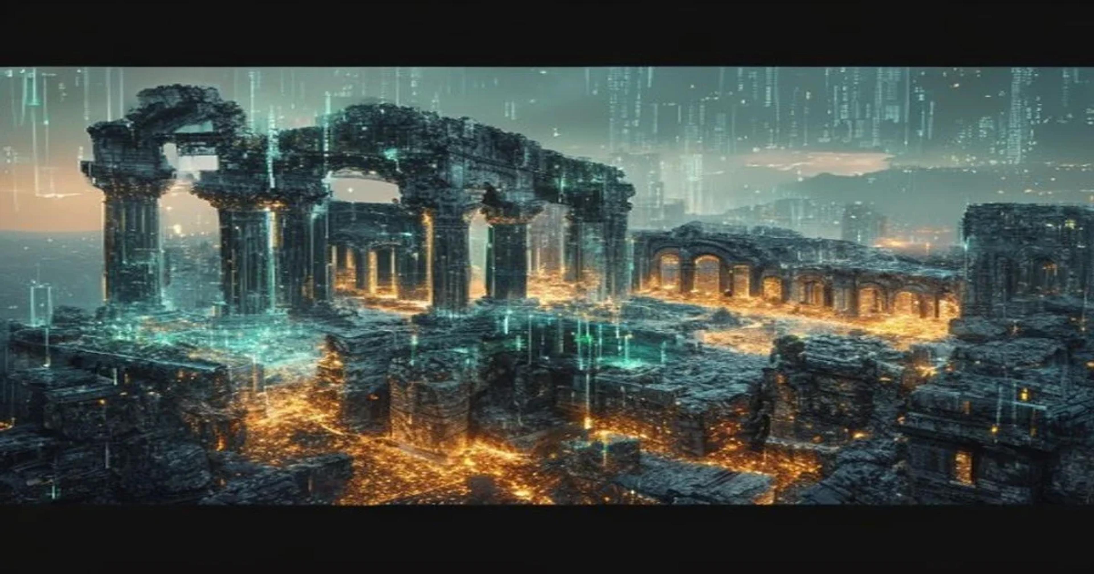 AI-powered digital reconstruction of an ancient city, showing data processing and historical detail.