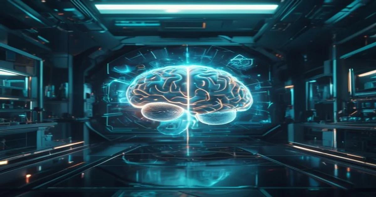 Illustration depicting an artificial intelligence brain interweaving with various spiritual and religious symbols within a modern, ethical research laboratory setting.