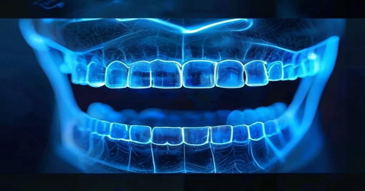 A high-resolution 3D digital model of teeth being analyzed by artificial intelligence software.