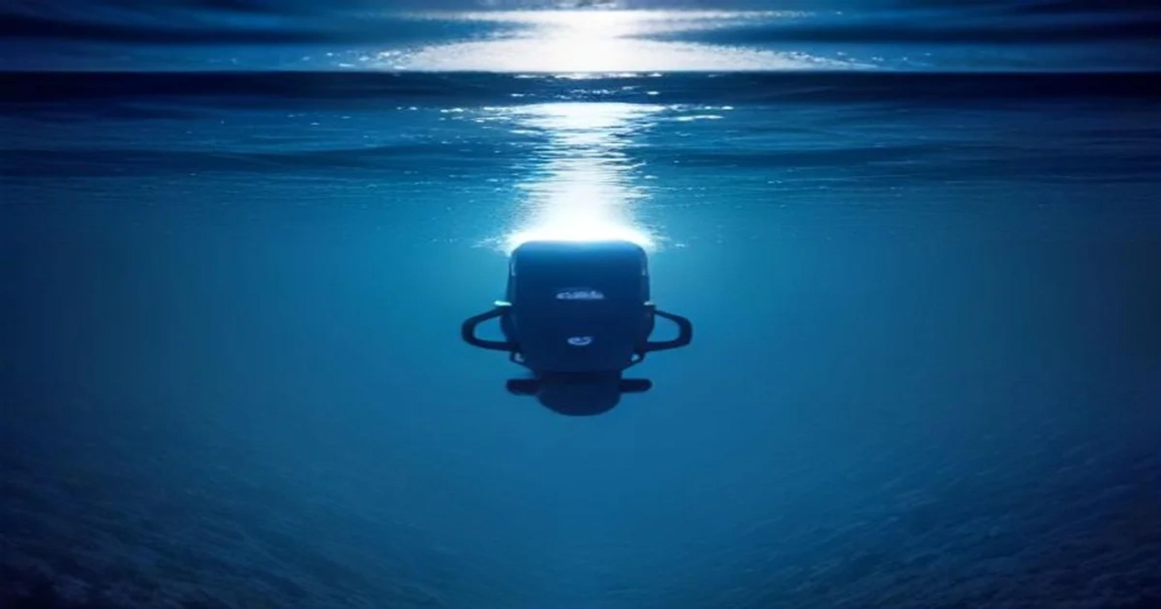 Autonomous underwater drones patrolling a deep-sea fish farm for optimized aquaculture management.