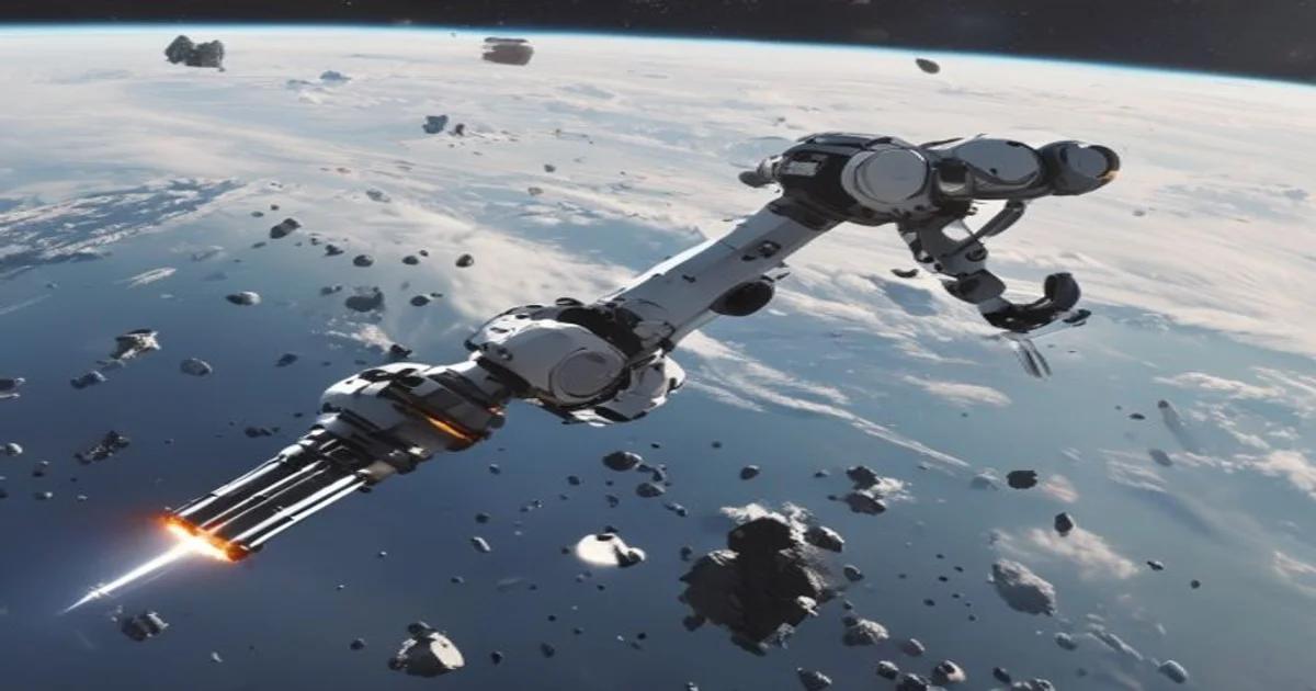 Autonomous AI space robot cleaning orbiting satellite debris above the Earth.
