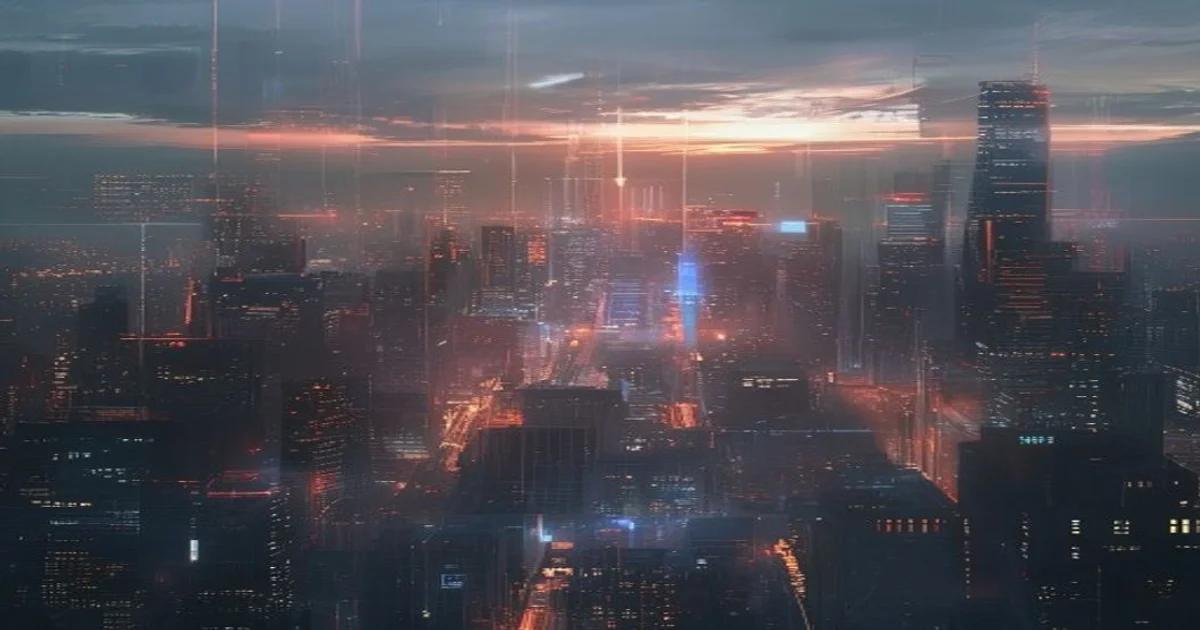 Digital blueprint for AI tax and regulation superimposed on a futuristic city skyline, symbolizing governance over technology.