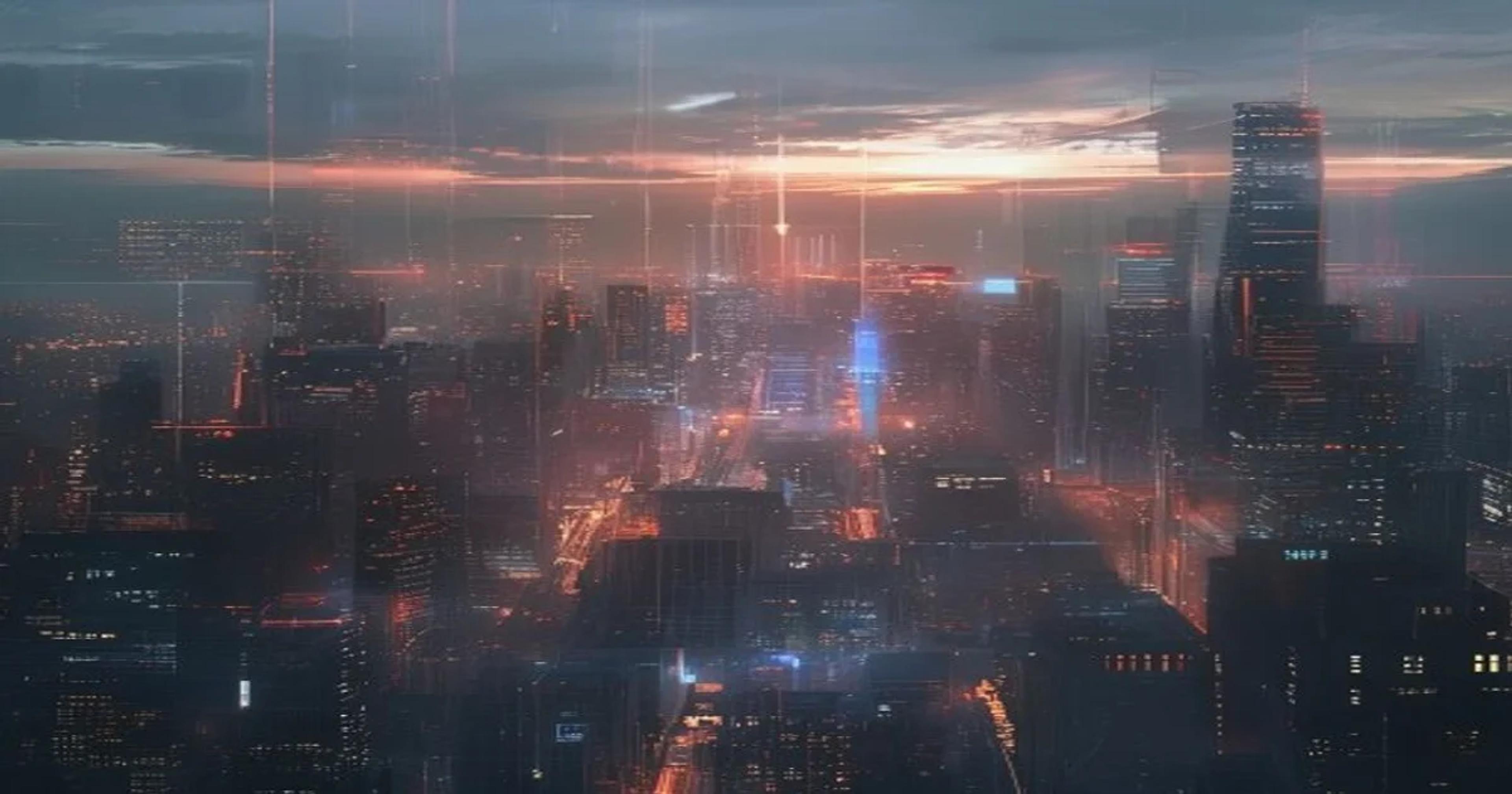 Digital blueprint for AI tax and regulation superimposed on a futuristic city skyline, symbolizing governance over technology.