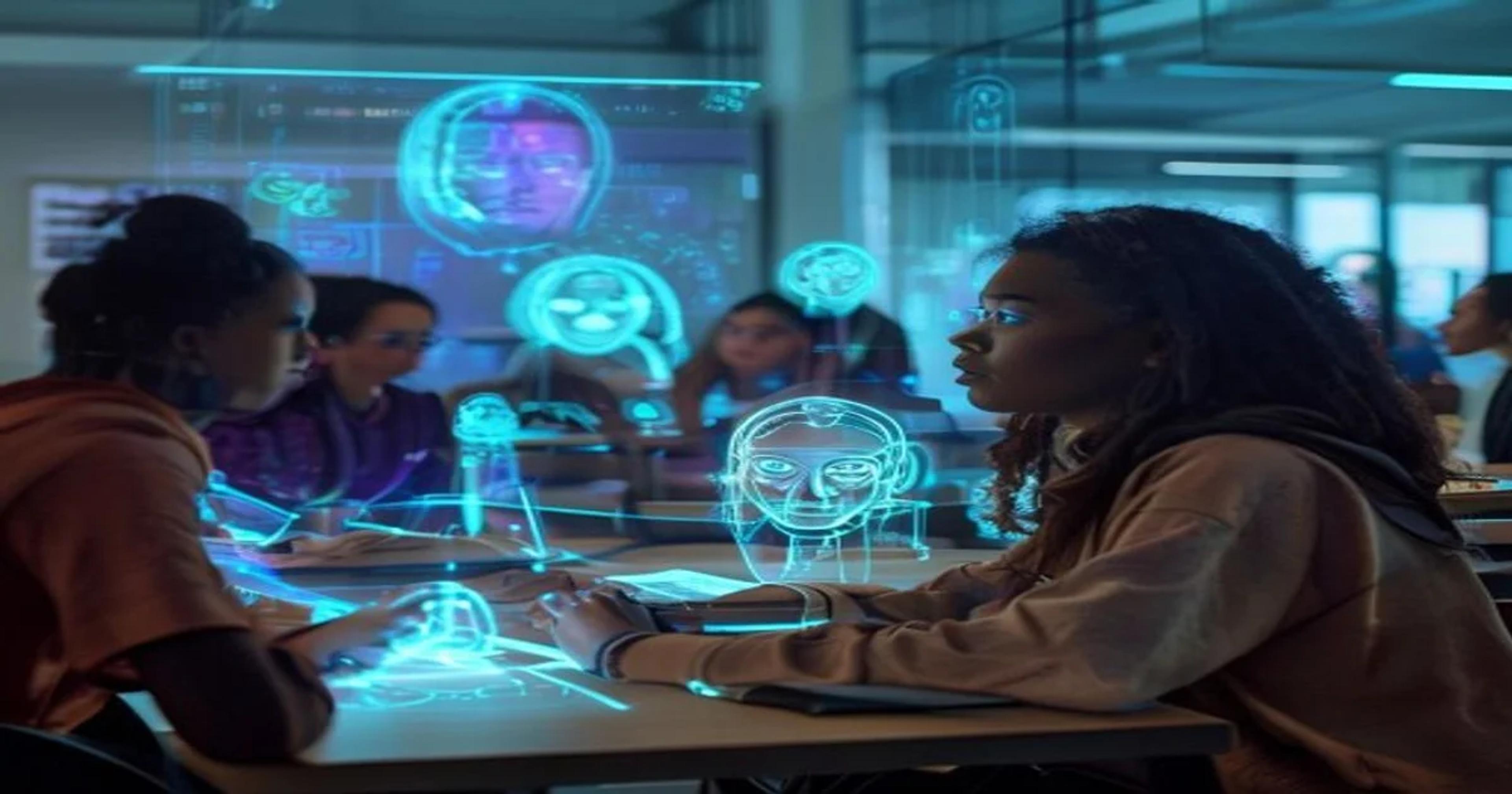 Diverse group of students engaging with advanced AI learning technology in a high-tech school classroom.