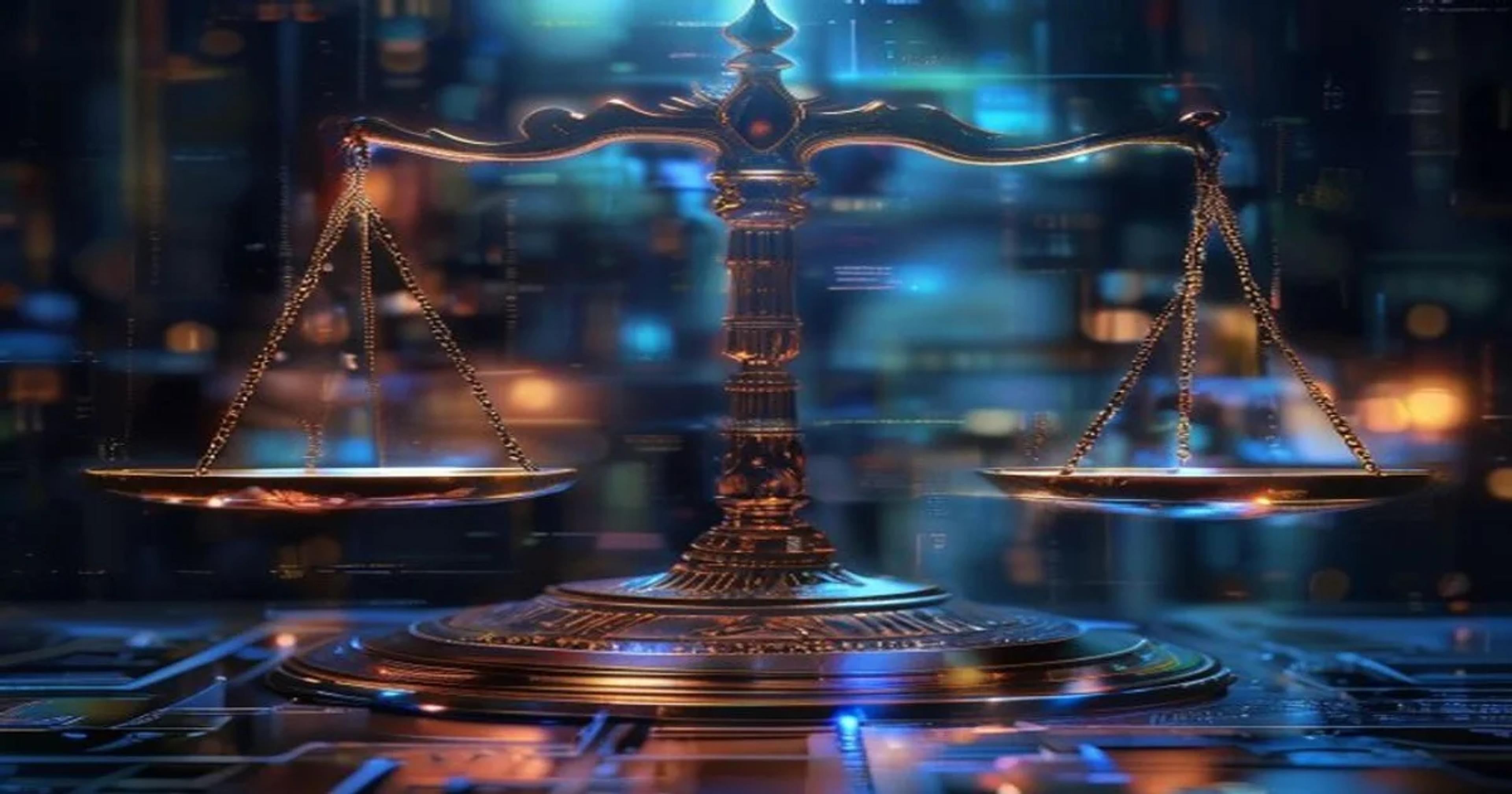 Illustration of a digital scale balancing AI code and human accountability, symbolizing the legal and ethical challenges of artificial intelligence.