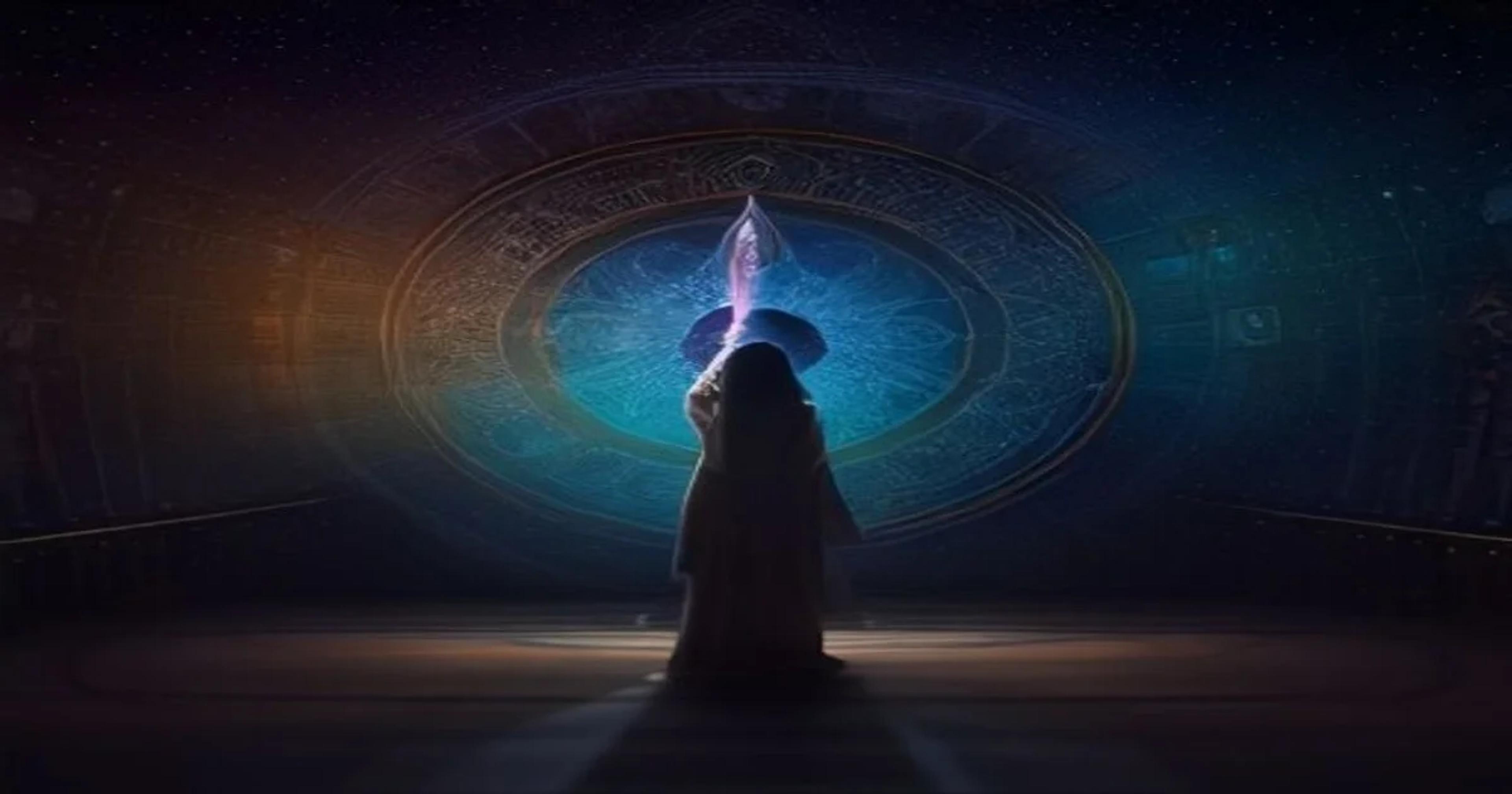 A conceptual image depicting a digital altar with holographic light patterns representing adaptive liturgy.