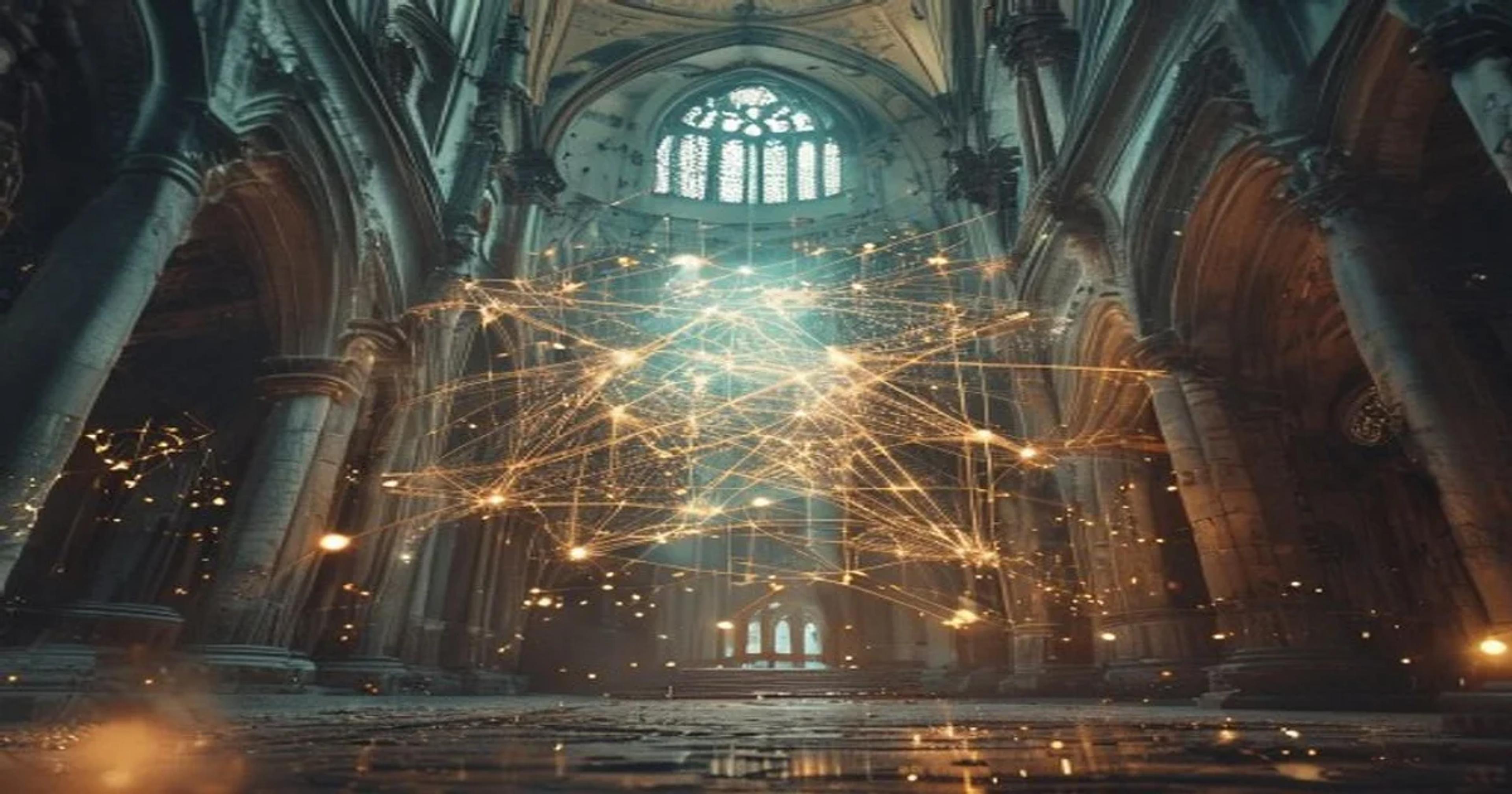 A conceptual digital visualization of a glowing neural network merging with traditional architectural elements representing the collision of technology and secular belief.