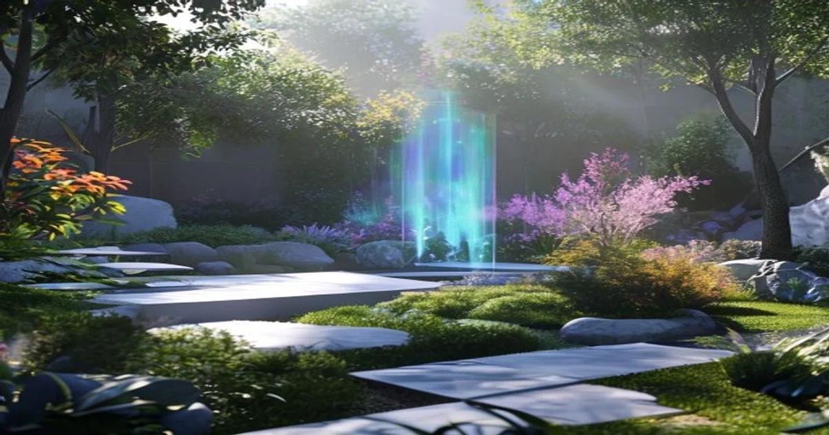 A serene digital memorial garden showing abstract light projections representing a life legacy.