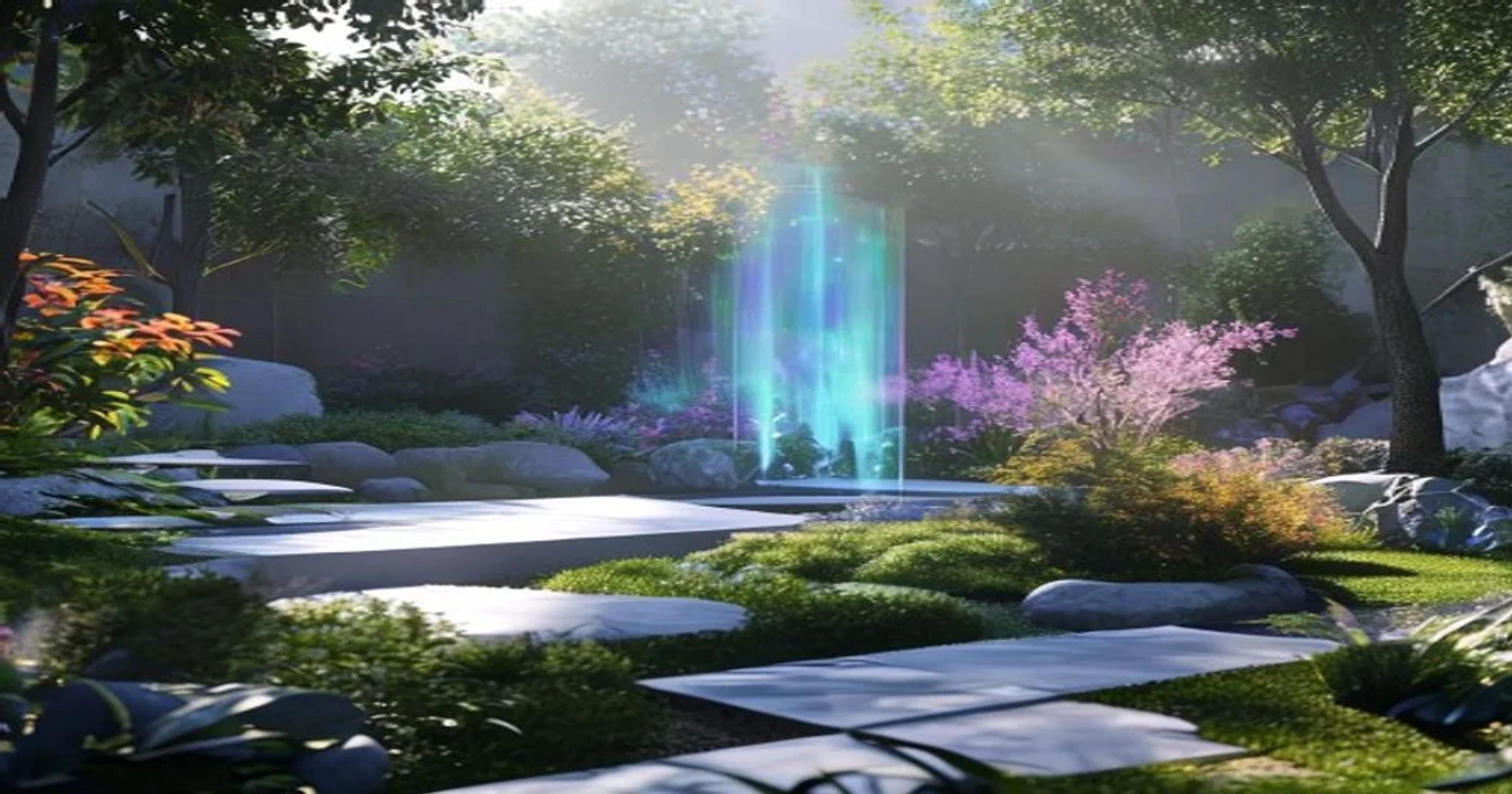 A serene digital memorial garden showing abstract light projections representing a life legacy.