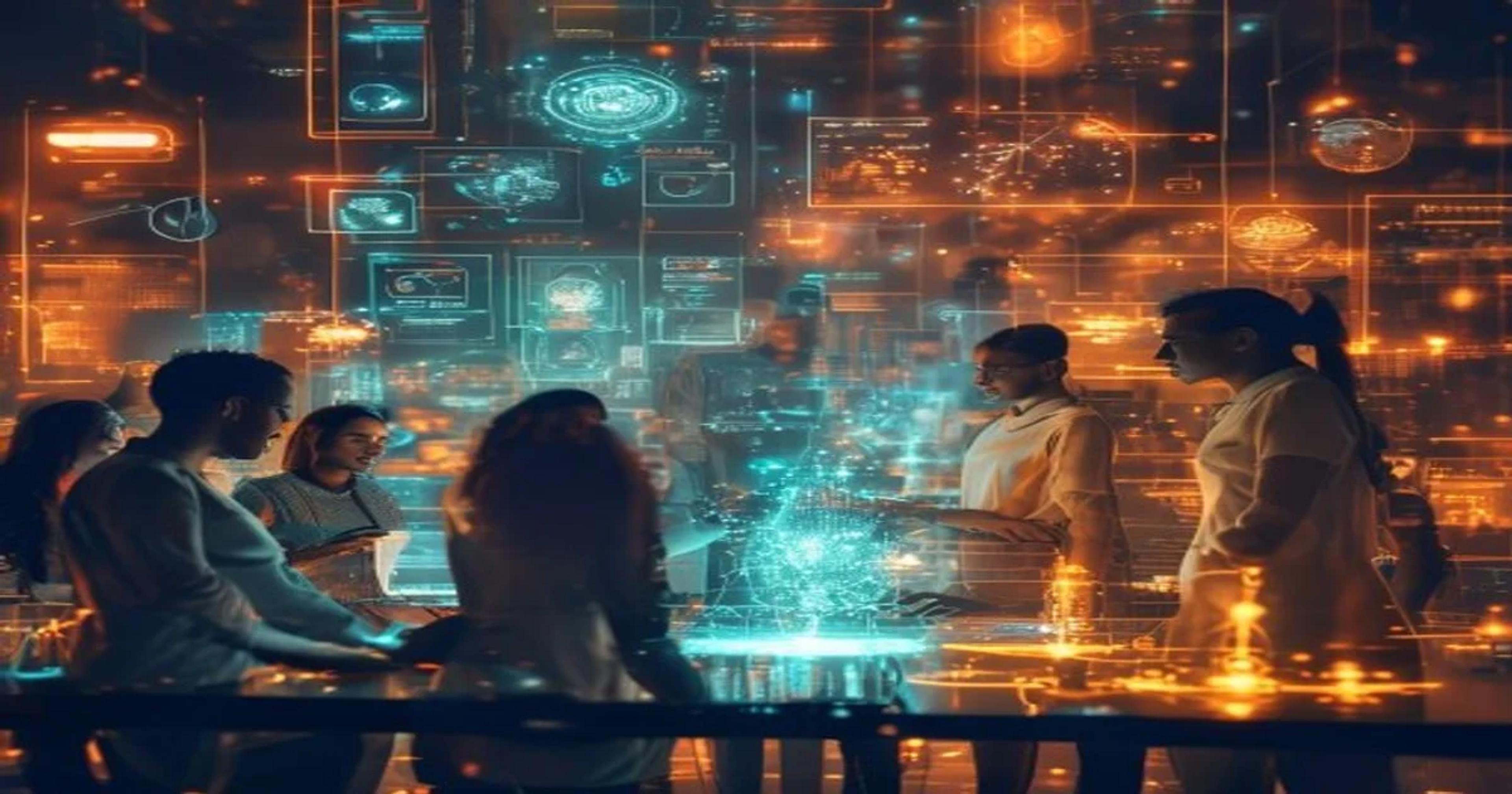 A diverse group of individuals engaging with advanced AI interfaces, symbolizing accessible AI education and collaborative development.