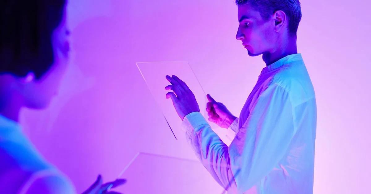 A user engaging with an advanced AI system, showing data visualizations of sentiment.