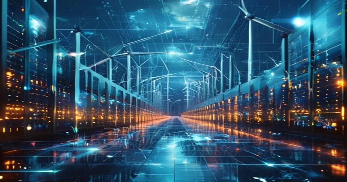 A vast, glowing data center powered by renewable energy sources, symbolizing AI's energy consumption and sustainable solutions.