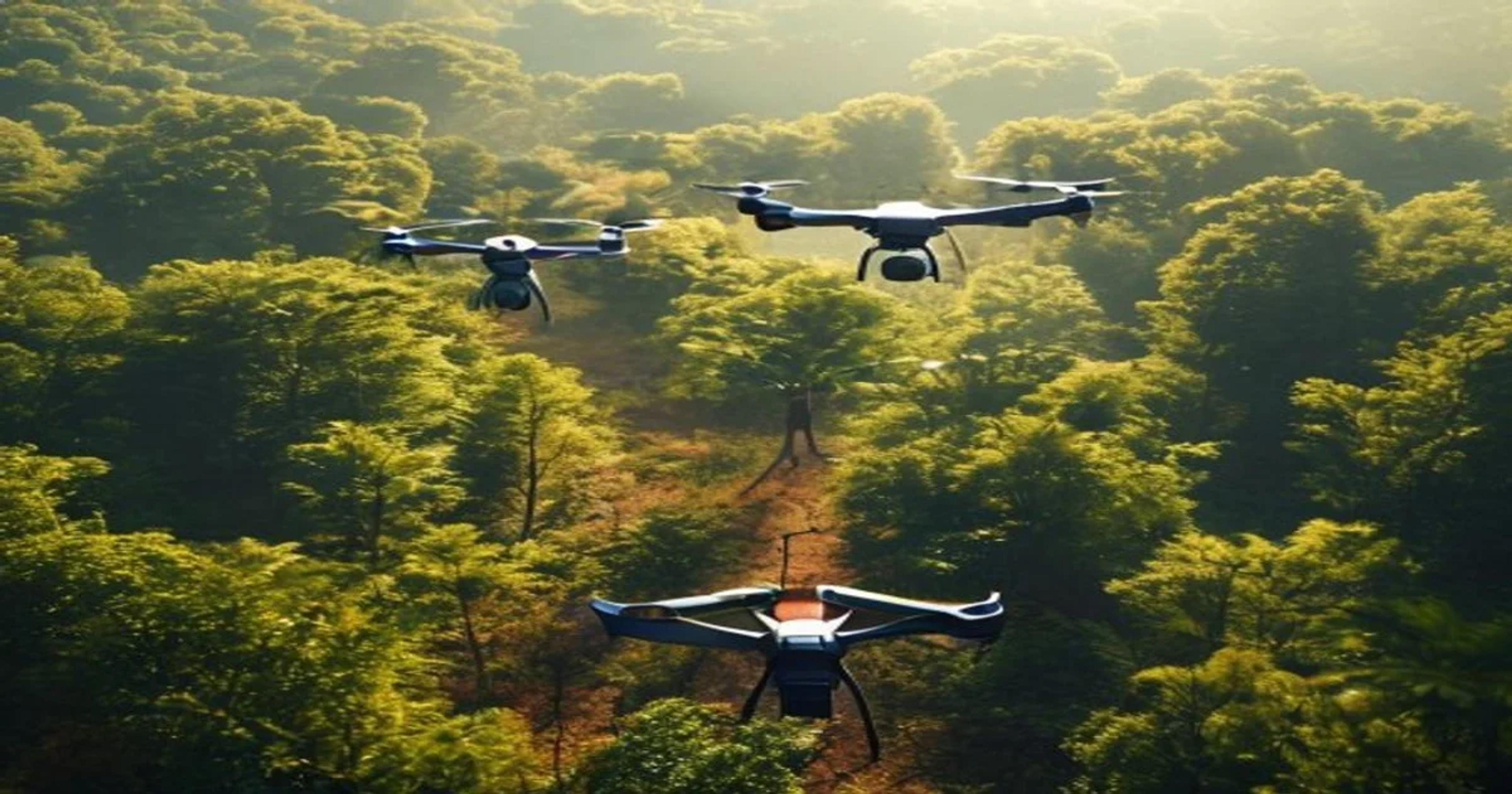 Autonomous drones and AI sensors working together to restore a damaged forest ecosystem.