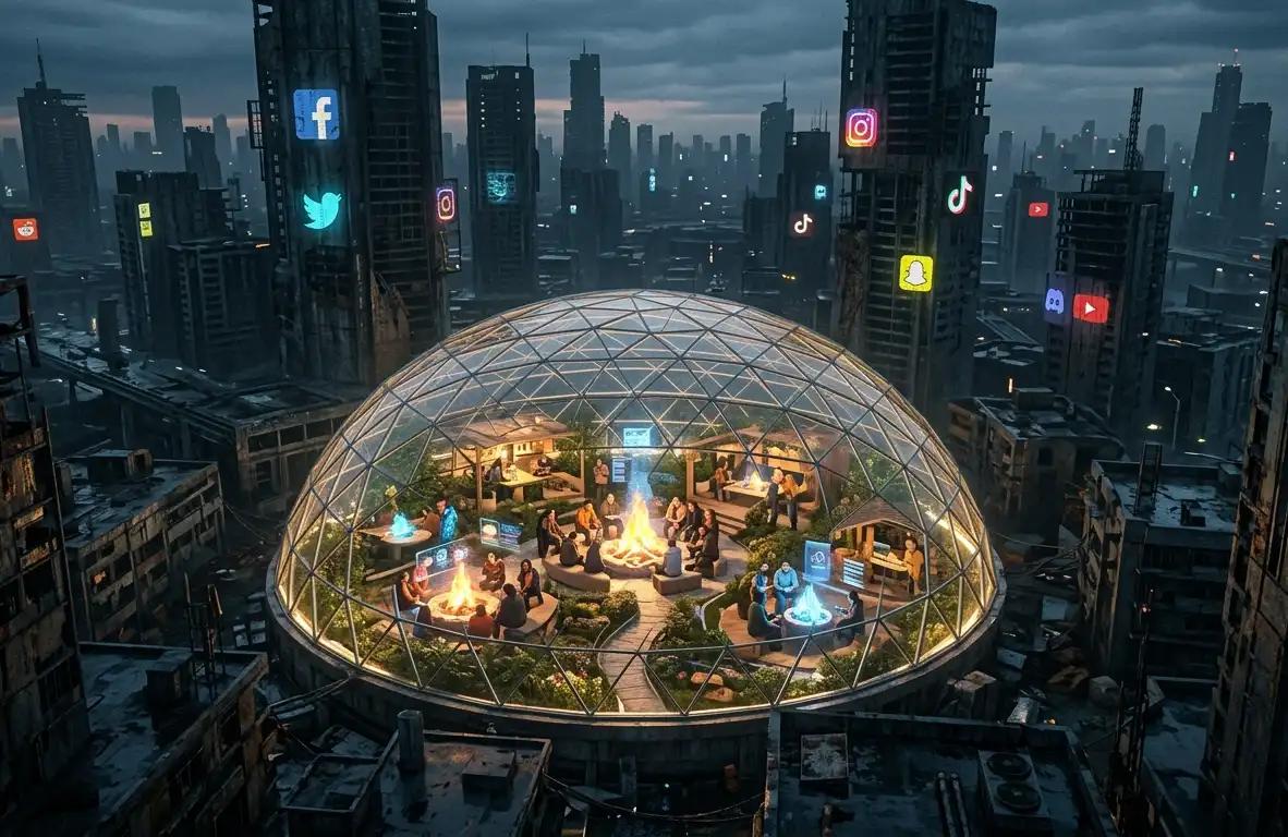 A dramatic architectural visualization showing the contrast between a dying, abandoned social media metropolis and a vibrant, glowing, protected dome representing the high-trust, thriving digital communities of Reddit and Discord in 2026