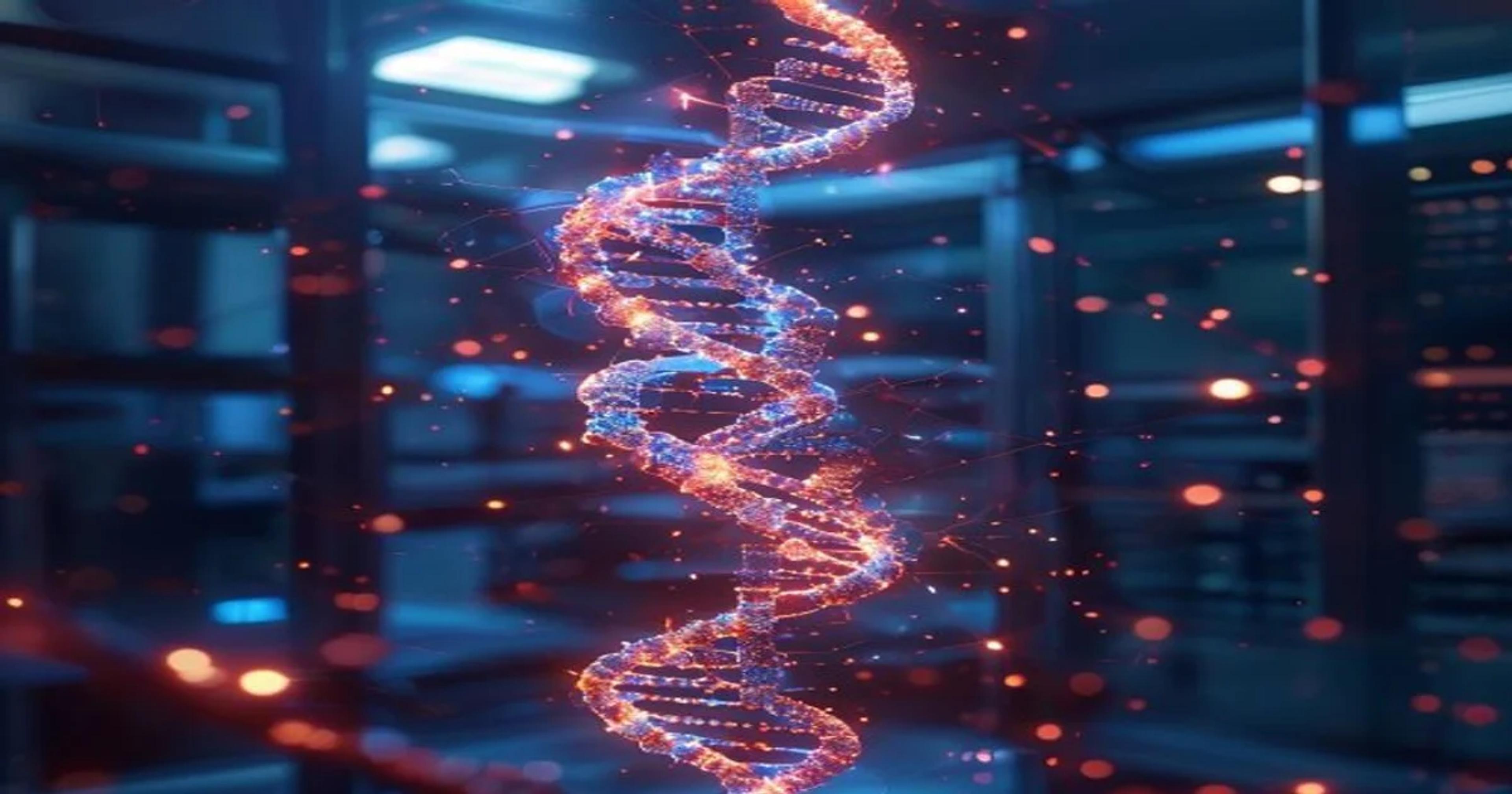 Digital representation of AI analyzing human genetic code for medical diagnostics.