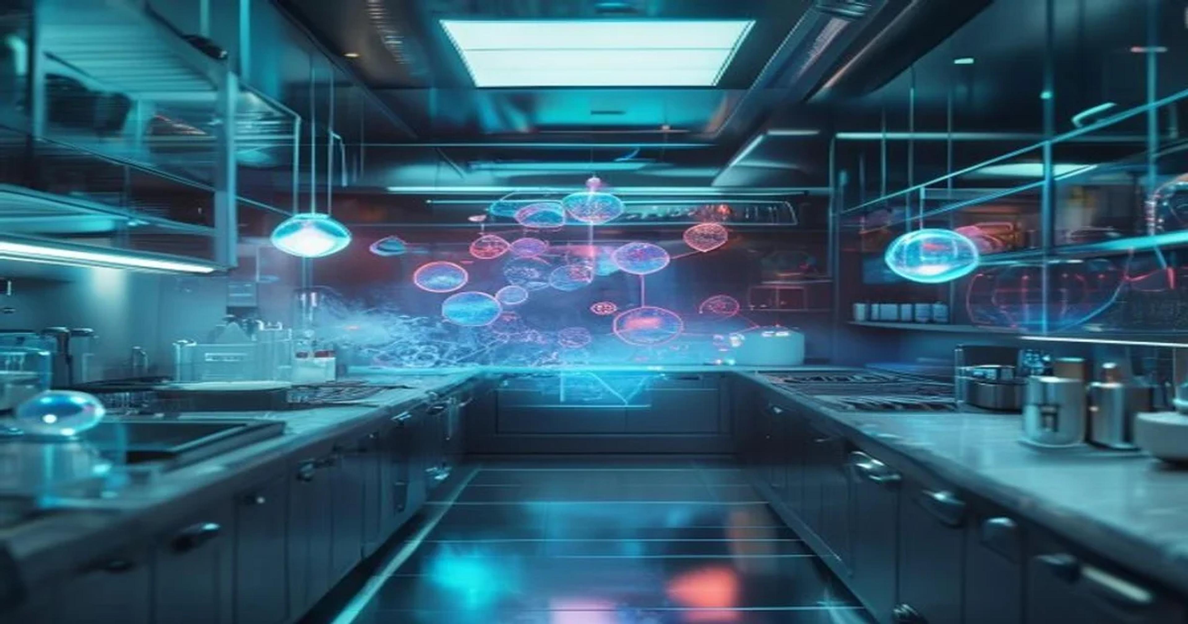 A futuristic culinary laboratory where artificial intelligence analyzes complex flavor compounds for new recipes.