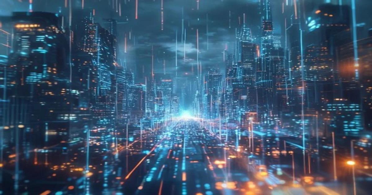 A futuristic city skyline integrated with digital data layers and smart infrastructure icons.