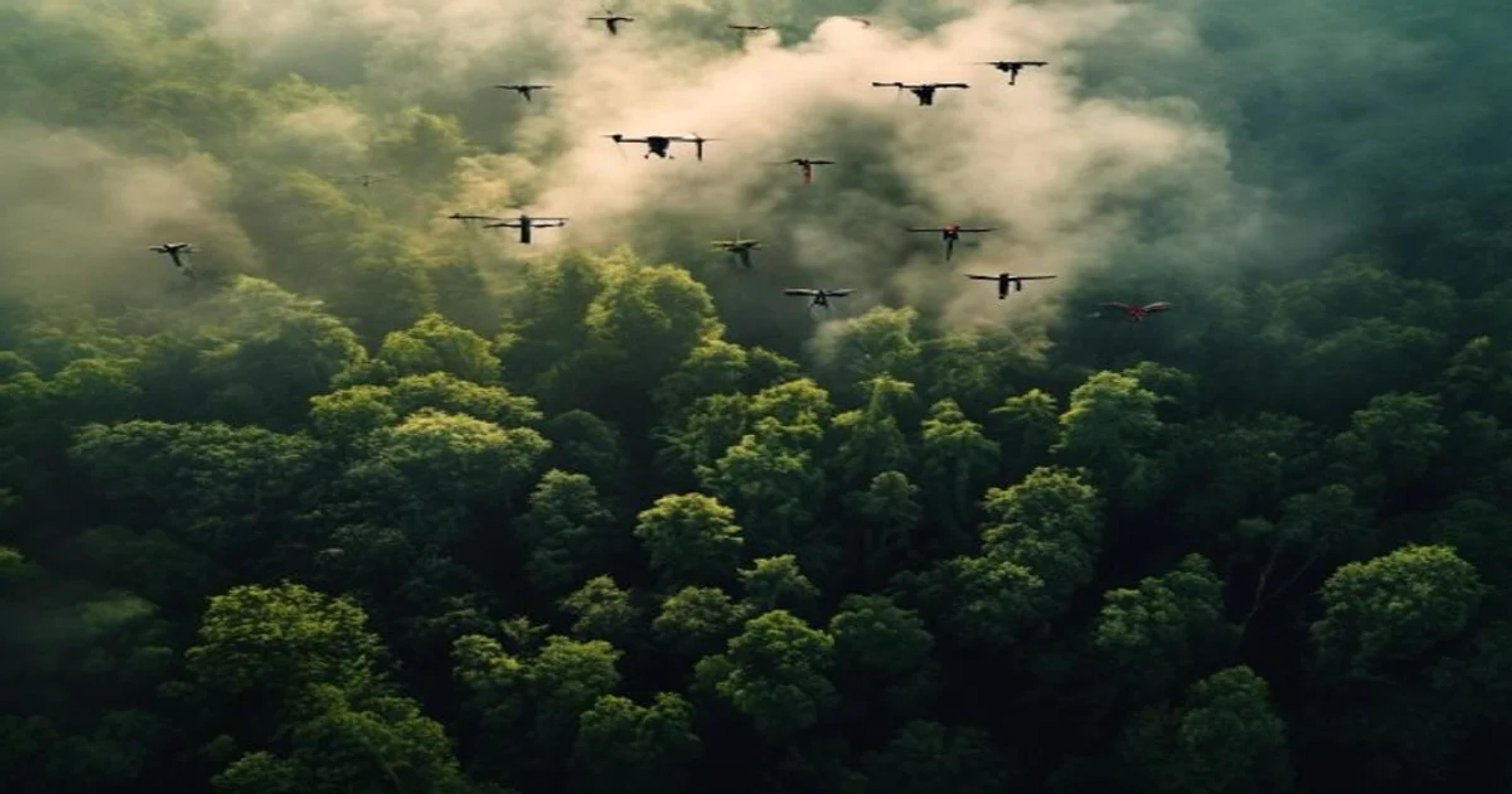 Advanced drone technology monitoring forest health and wildfire risks using AI sensors.