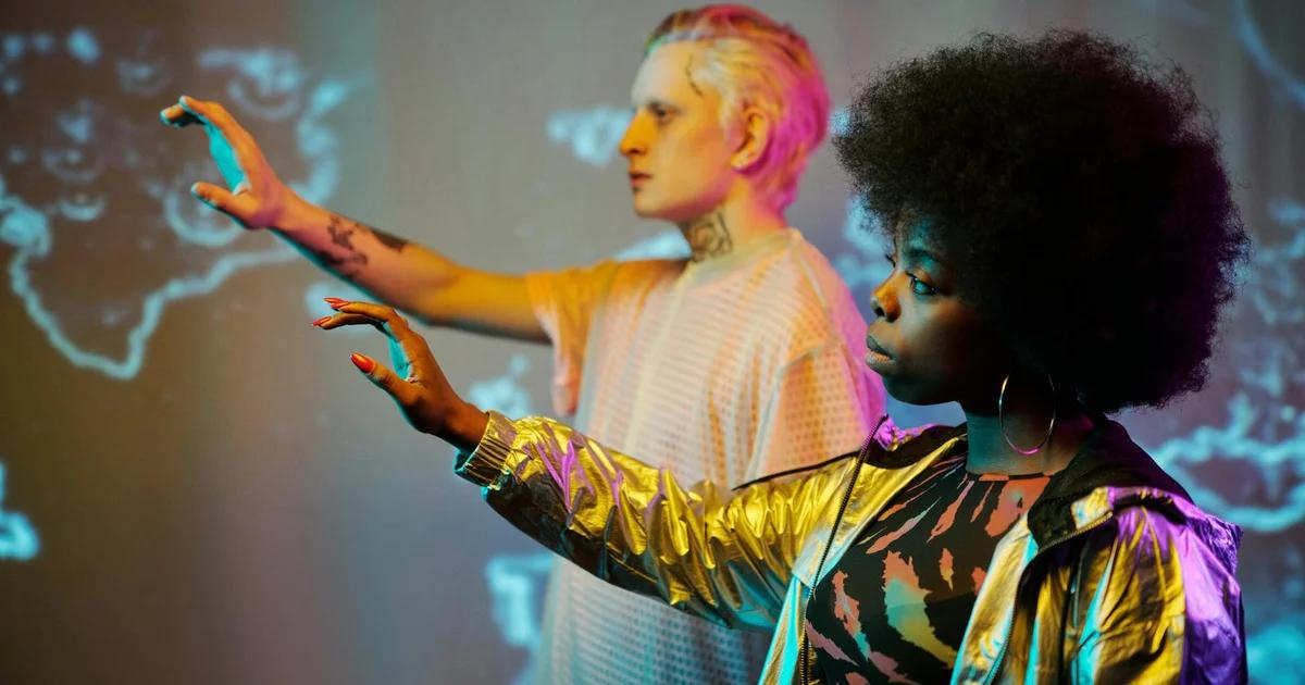 Students engaging with advanced AI tools in a modern, technologically integrated classroom environment