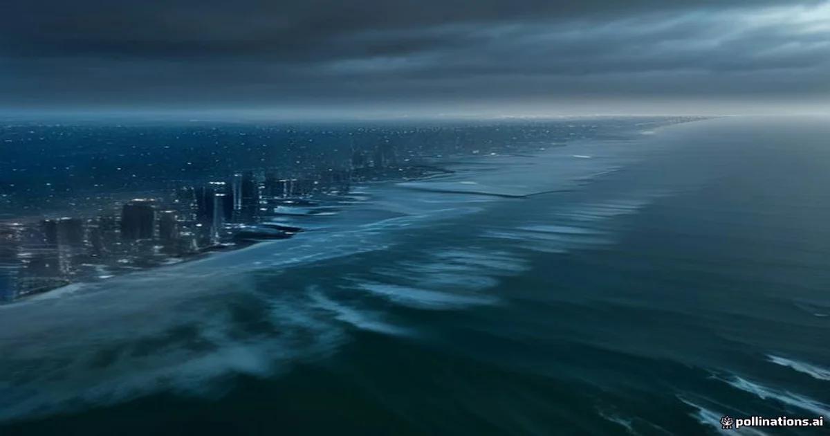 A conceptual representation of AI technology mapping risk patterns over a city landscape to illustrate disaster insurance automation.