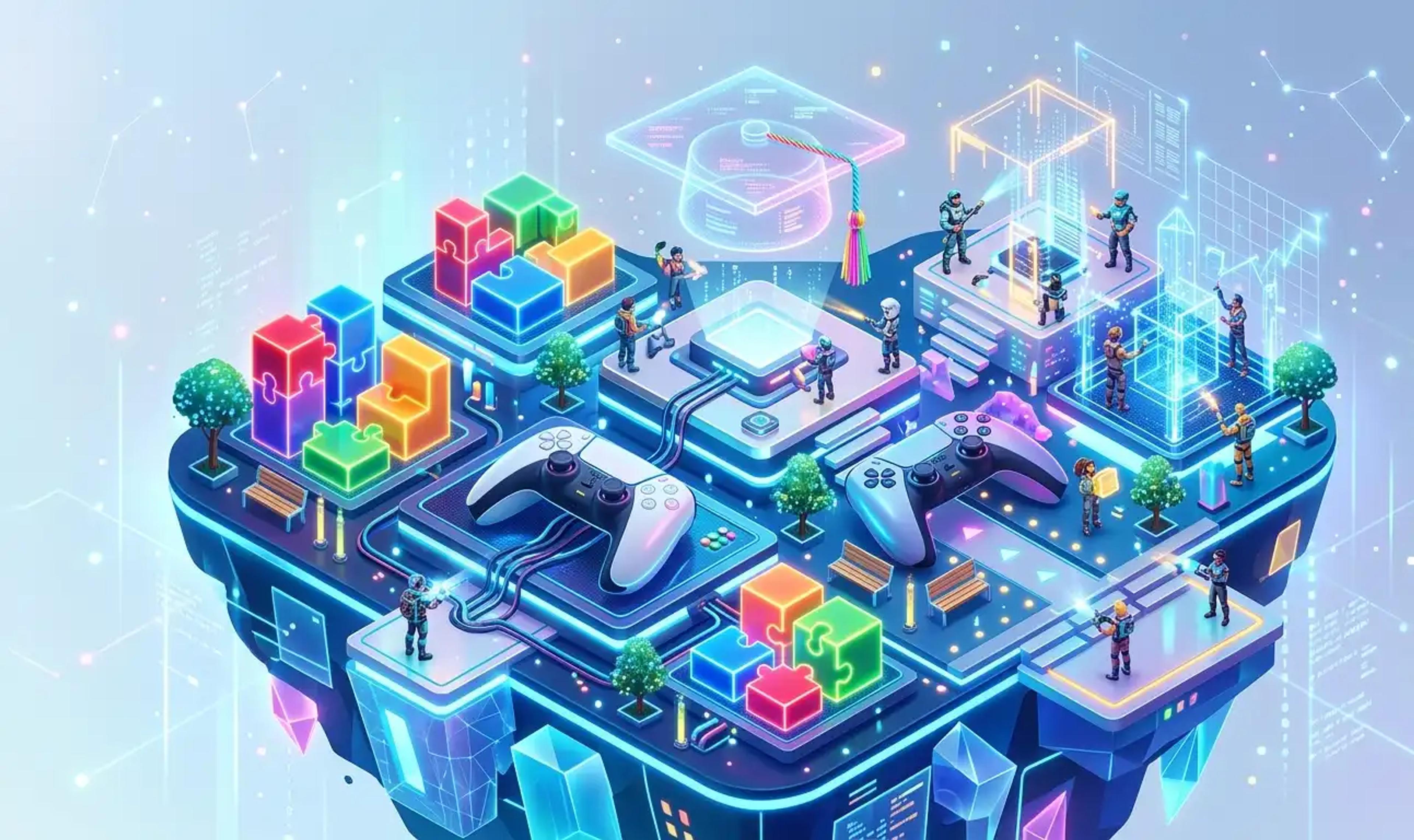 A 3D isometric illustration featuring futuristic game controllers, glowing puzzle blocks, and educational symbols representing gamified learning and user-generated metaverses