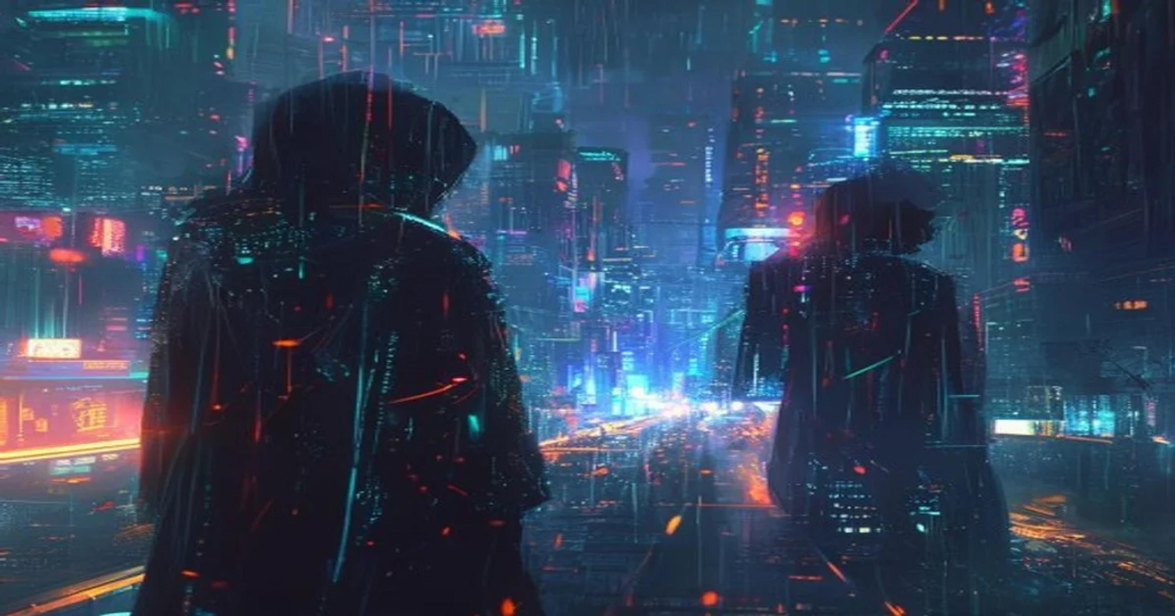 AI-generated image depicting a shadowy network of digital deception in a futuristic urban setting.