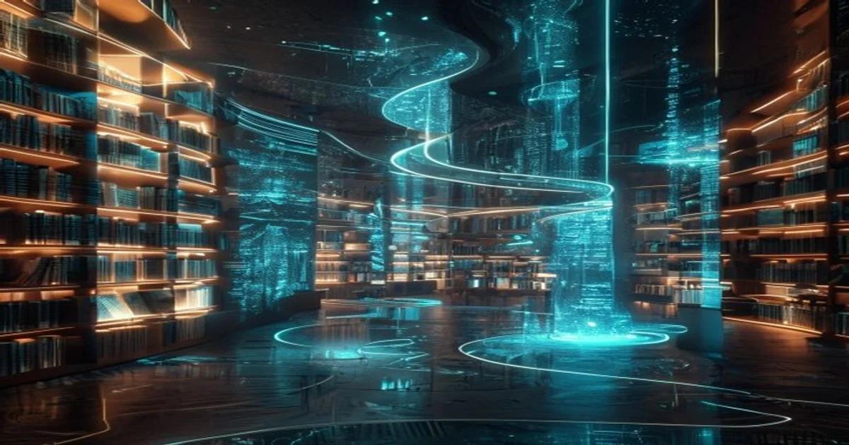A futuristic library space featuring digital interface elements and AI-integrated book cataloging systems.