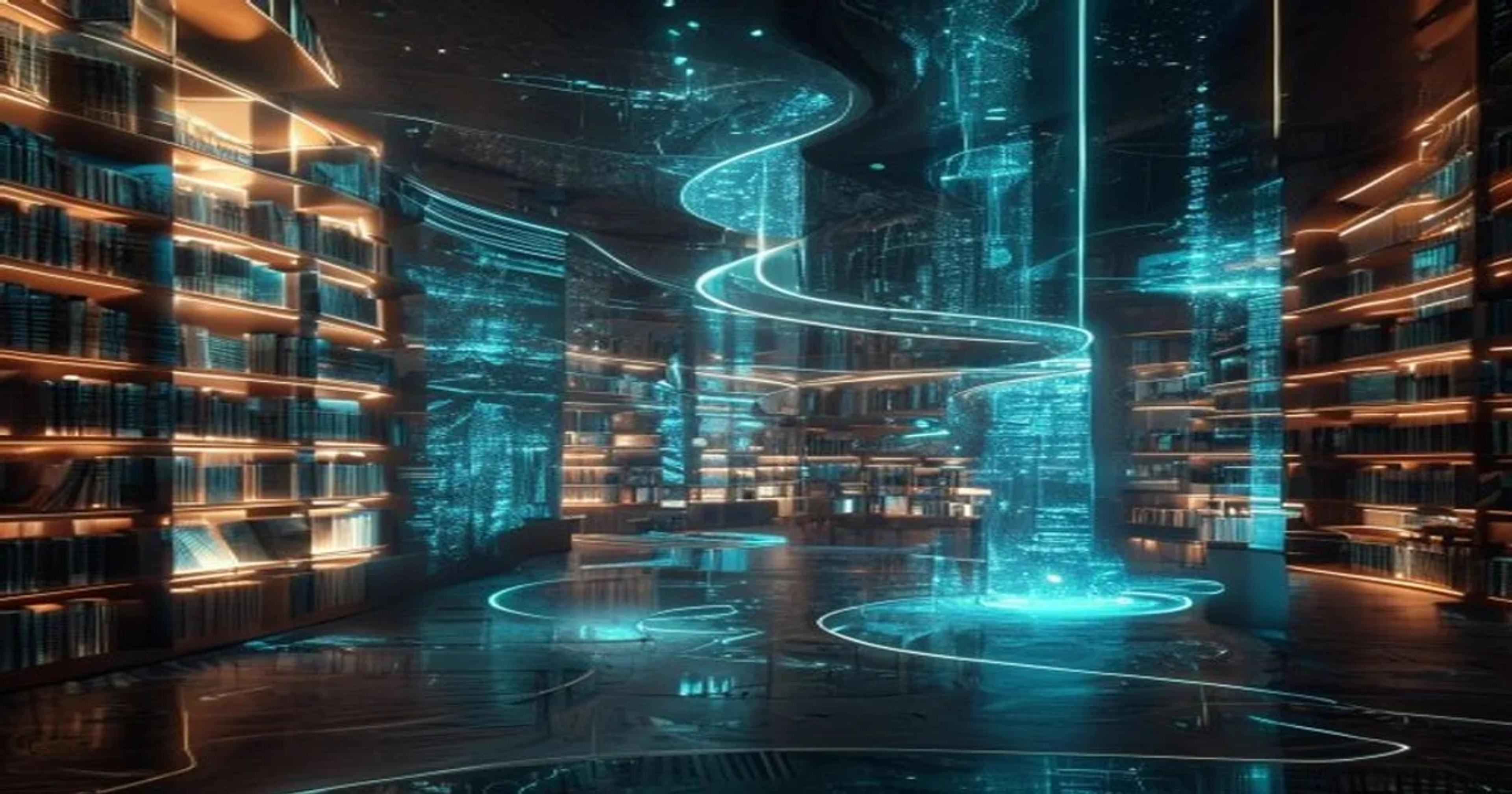 A futuristic library space featuring digital interface elements and AI-integrated book cataloging systems.