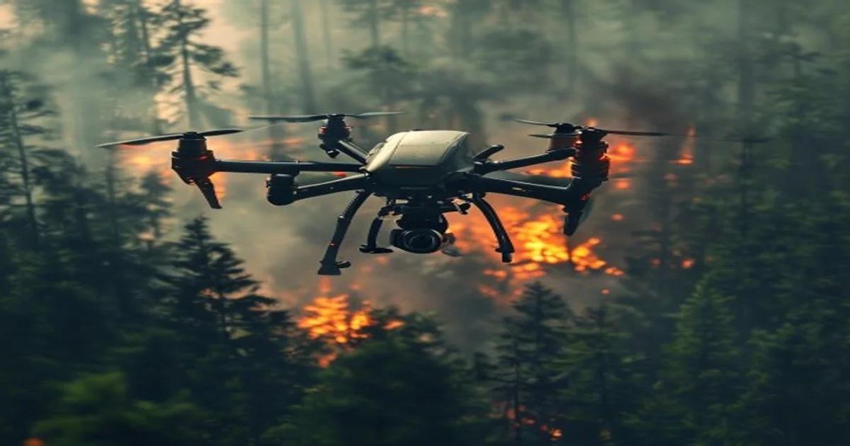 An autonomous drone scanning a forest landscape to detect wildfire heat signatures.