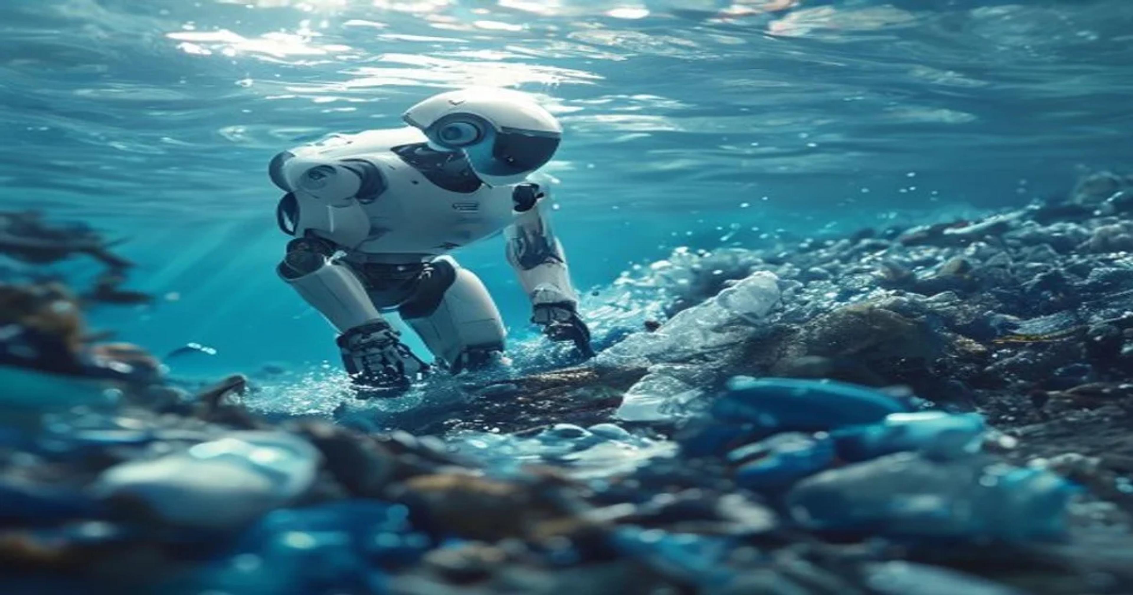 An autonomous AI-powered marine robot collecting plastic waste from the surface of the ocean.