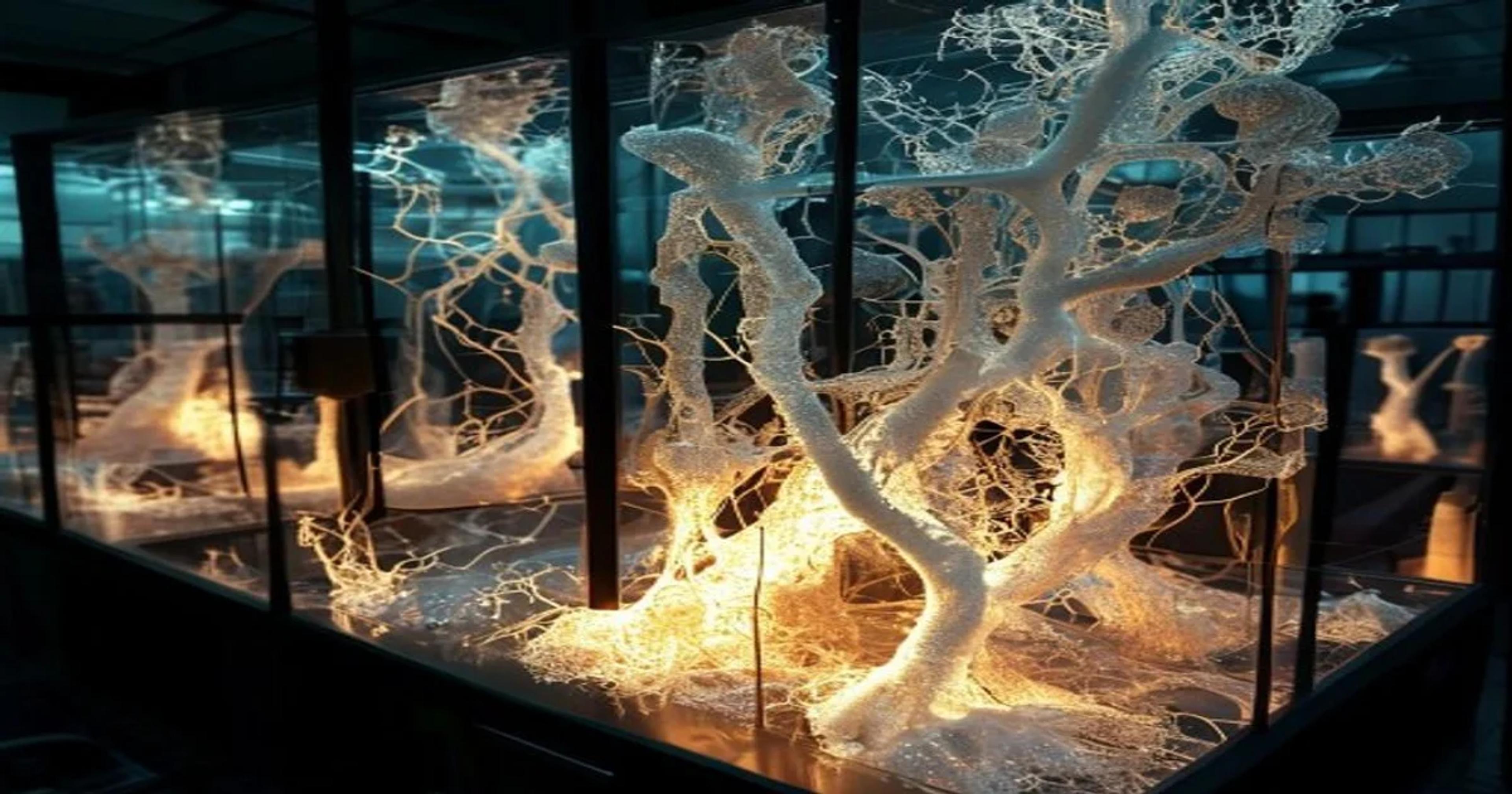 A sophisticated laboratory setting where artificial intelligence monitors the growth of biological mycelium structures in geometric molds.