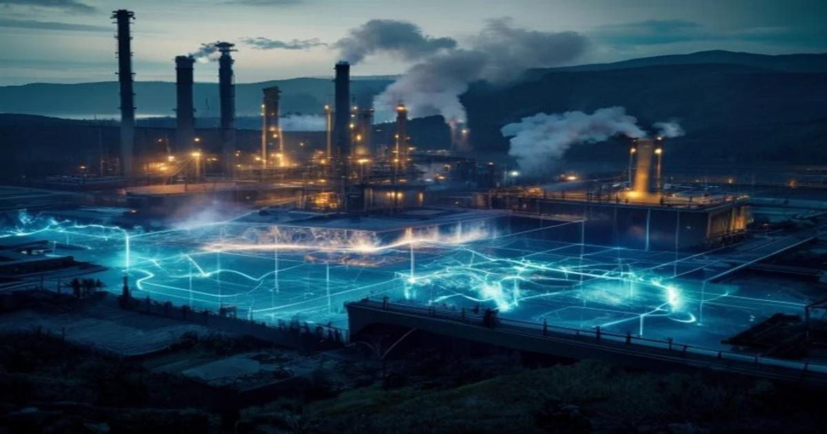 A futuristic geothermal power plant facility with digital data overlays mapping deep Earth heat structures.