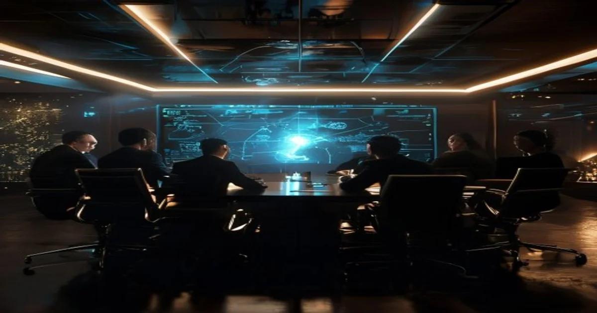 Executives in a futuristic boardroom intensely debating AI corporate control, with digital projections