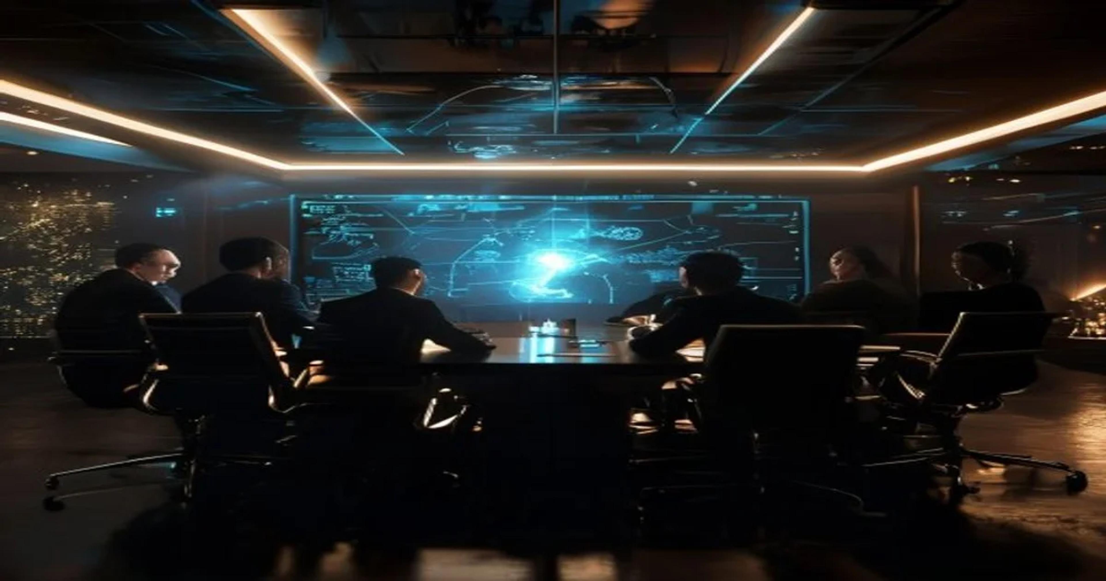 Executives in a futuristic boardroom intensely debating AI corporate control, with digital projections