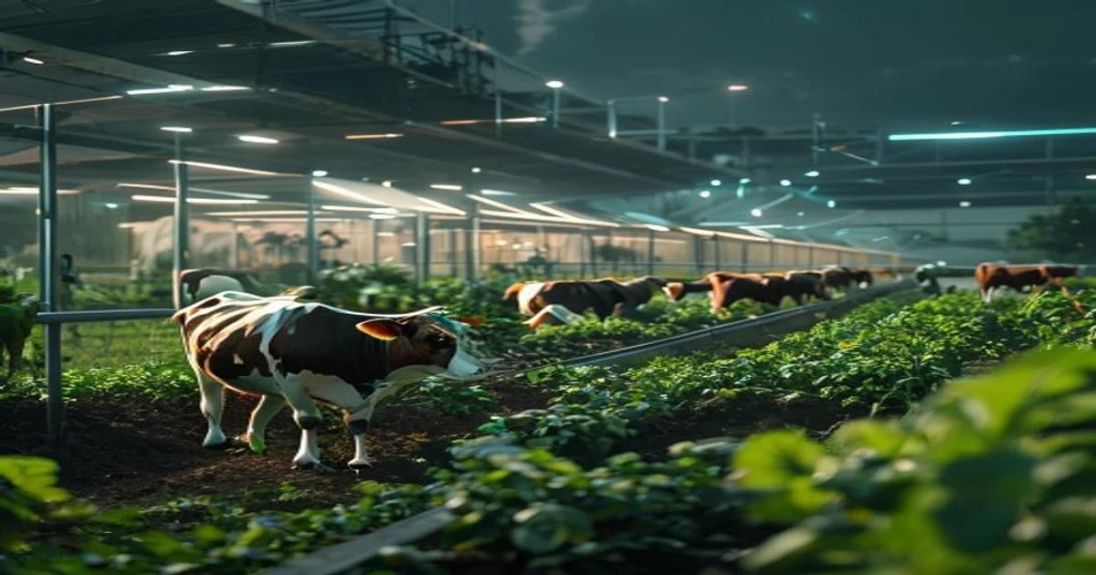 Cattle grazing in a modern agricultural environment with digital data overlays visible.