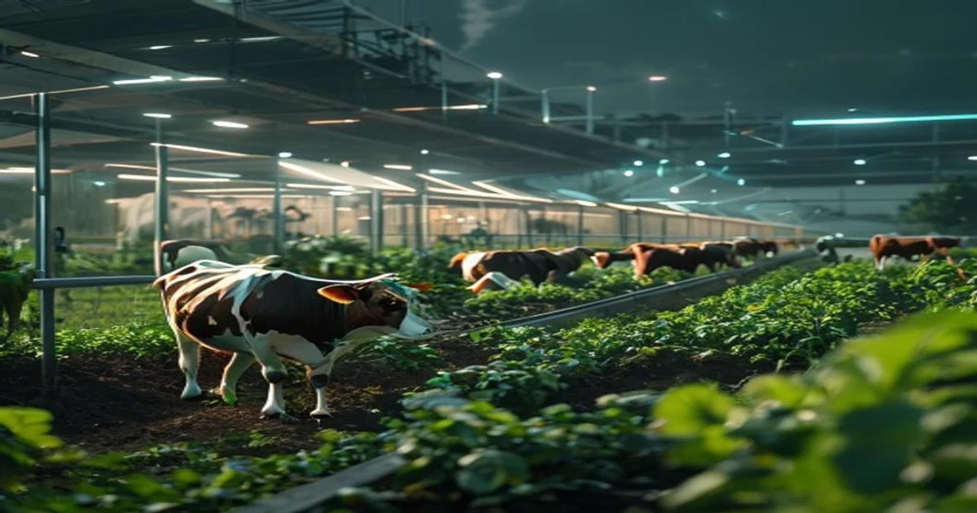 Cattle grazing in a modern agricultural environment with digital data overlays visible.