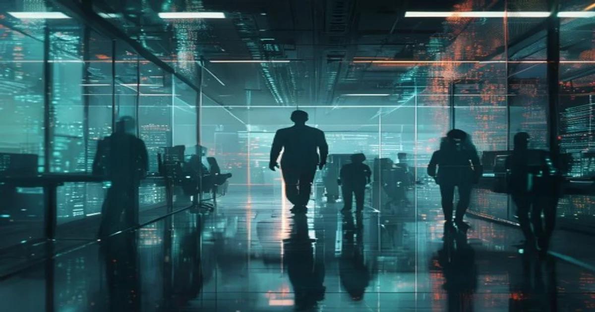 AI systems monitoring employees in a modern office environment with data visualization.