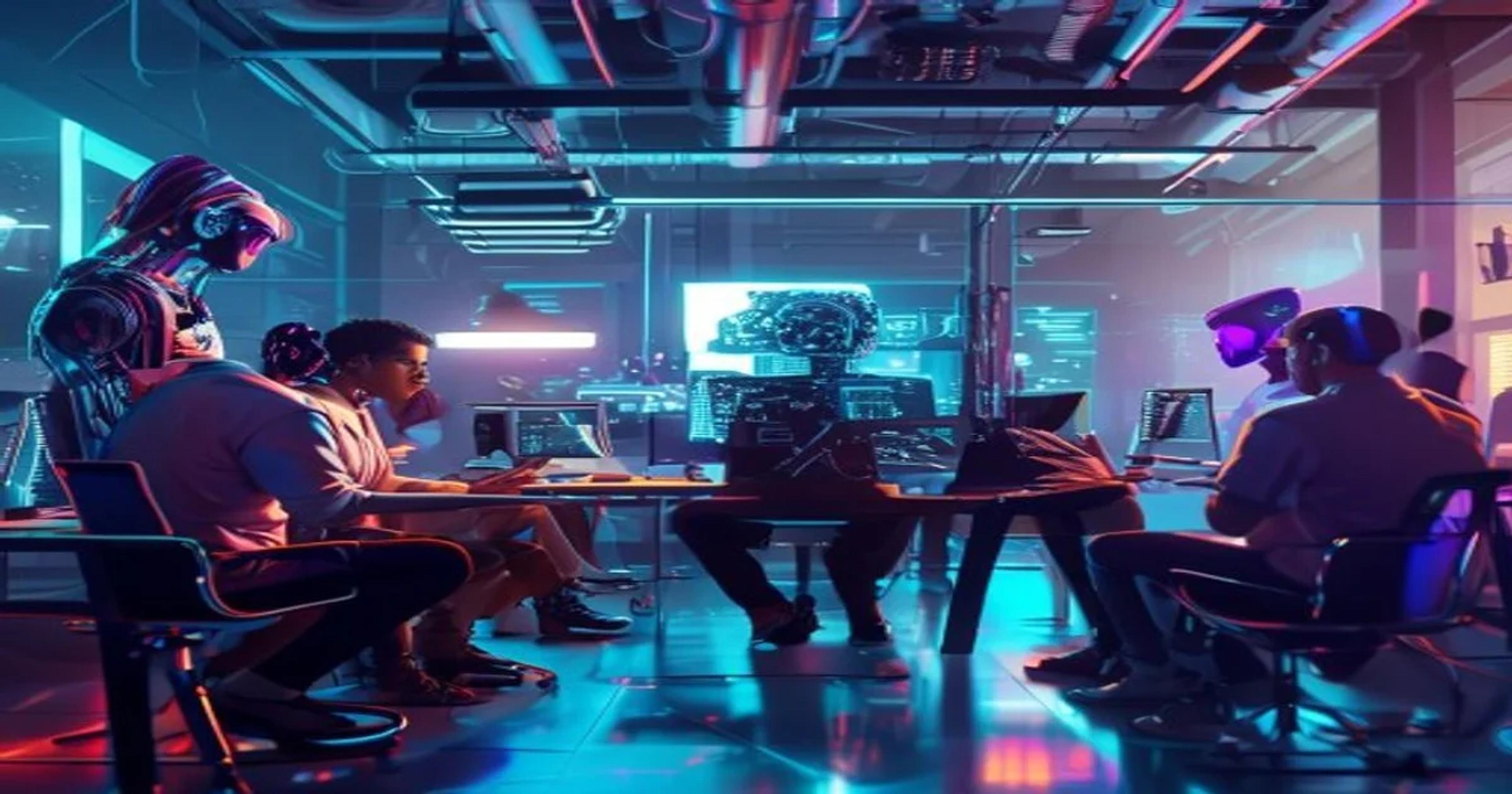 Digital illustration of artists interacting with holographic AI interfaces in a creative studio.