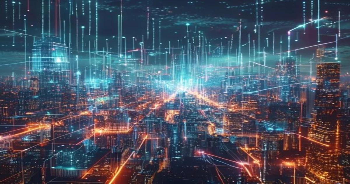 Holographic cityscape illustrating the complex network of public opinion surrounding AI.