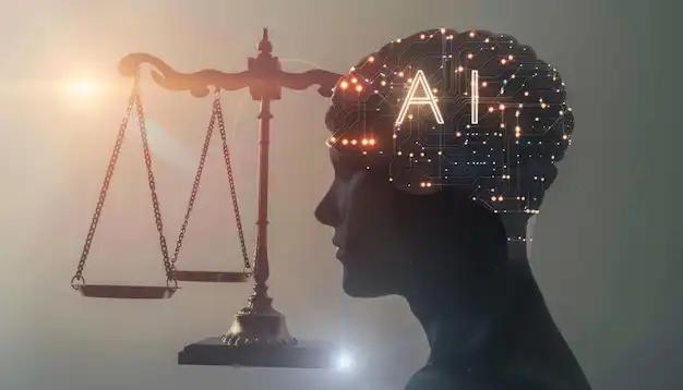 Digital tightrope walker symbolizing OpenAI's balance between innovation and ethics, with data centers and an ethical compass in the background