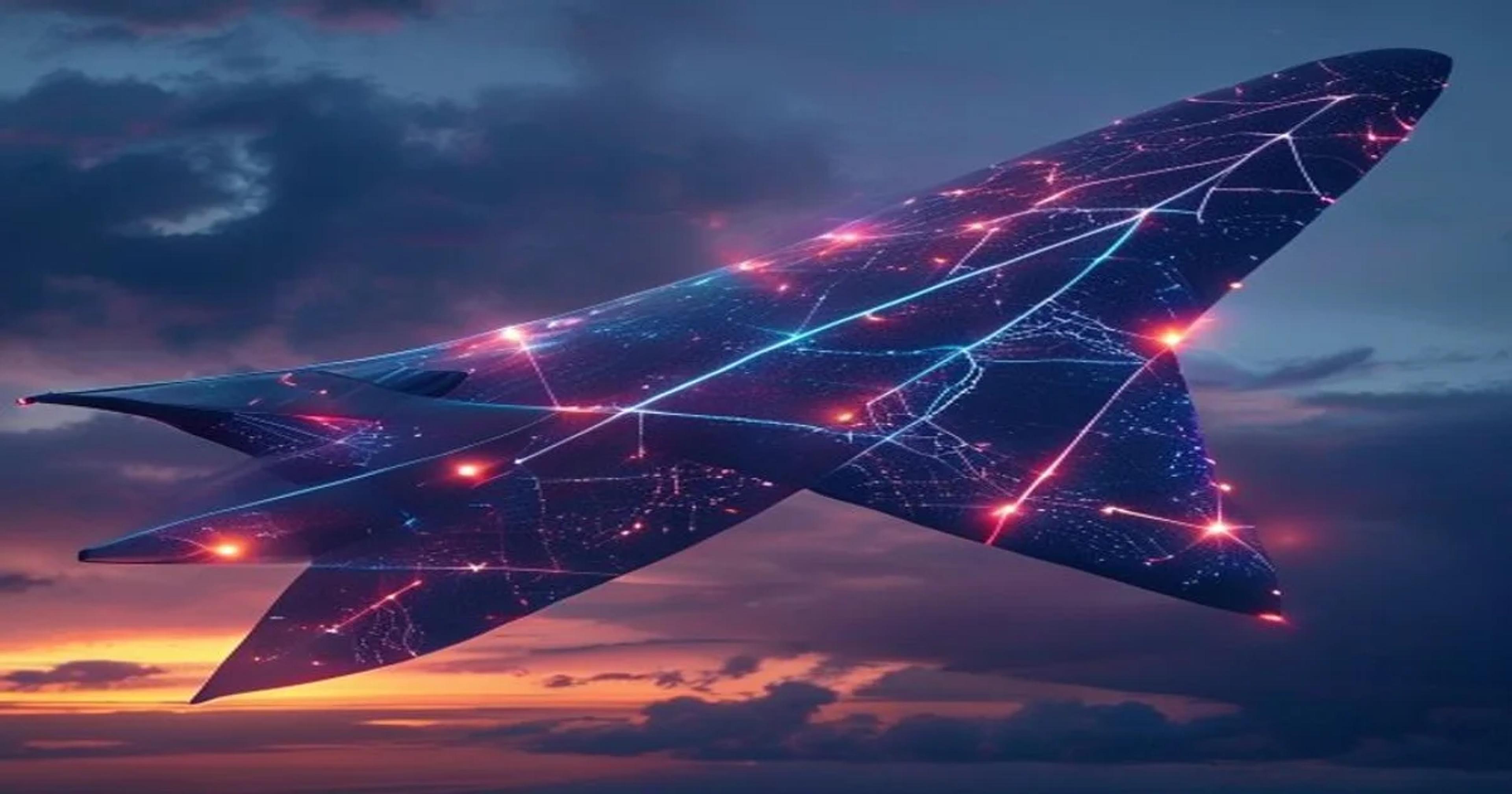 An advanced aircraft silhouette integrated with digital neural network graphics representing noise reduction technology.