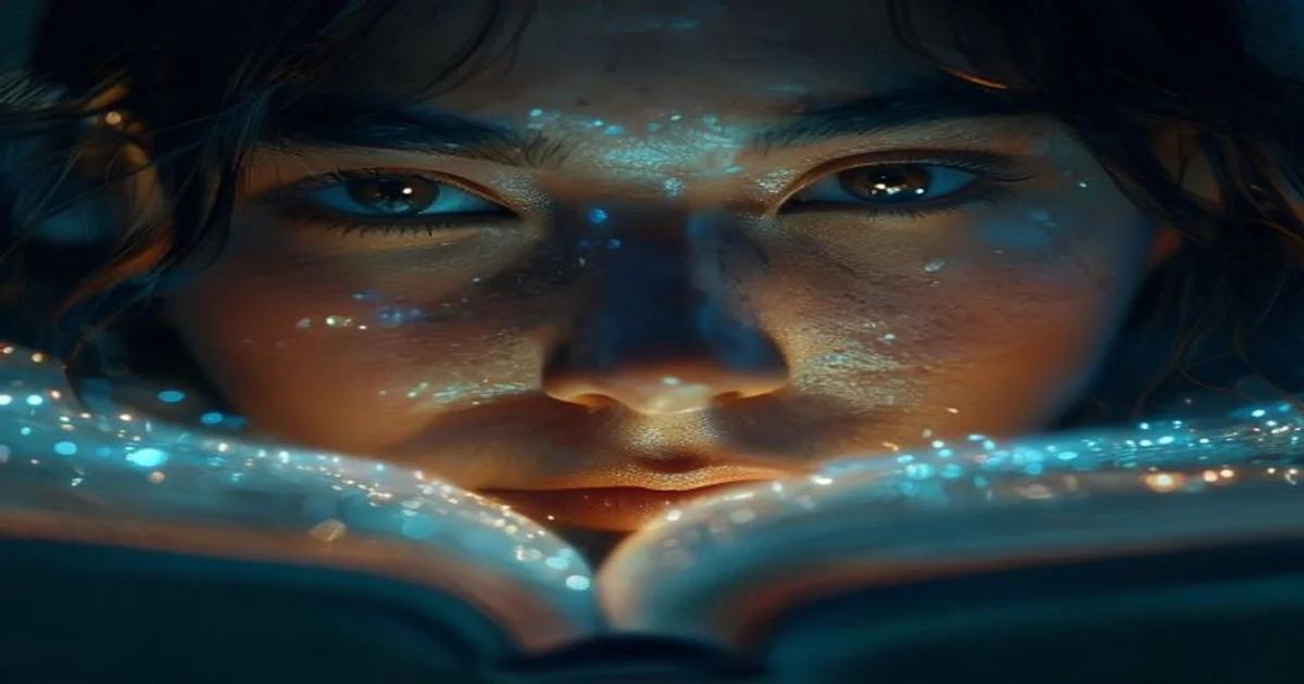 A person using an AI interface to select books for therapeutic purposes in a dimly lit, cozy room.