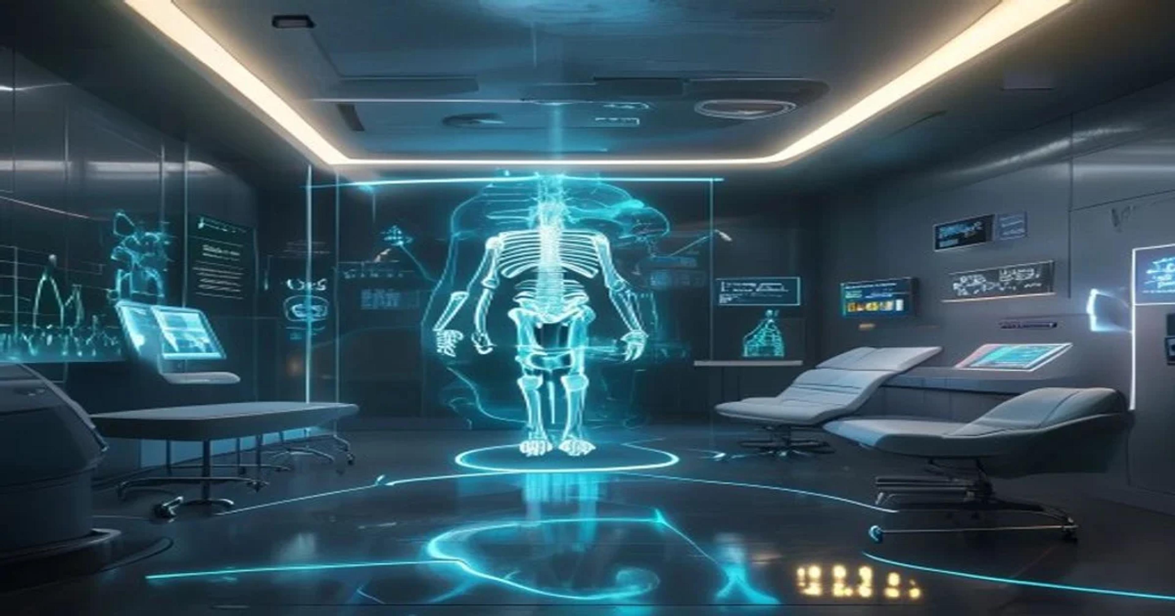 A futuristic clinical interface displaying AI-generated 3D bone growth simulations for pediatric patients.