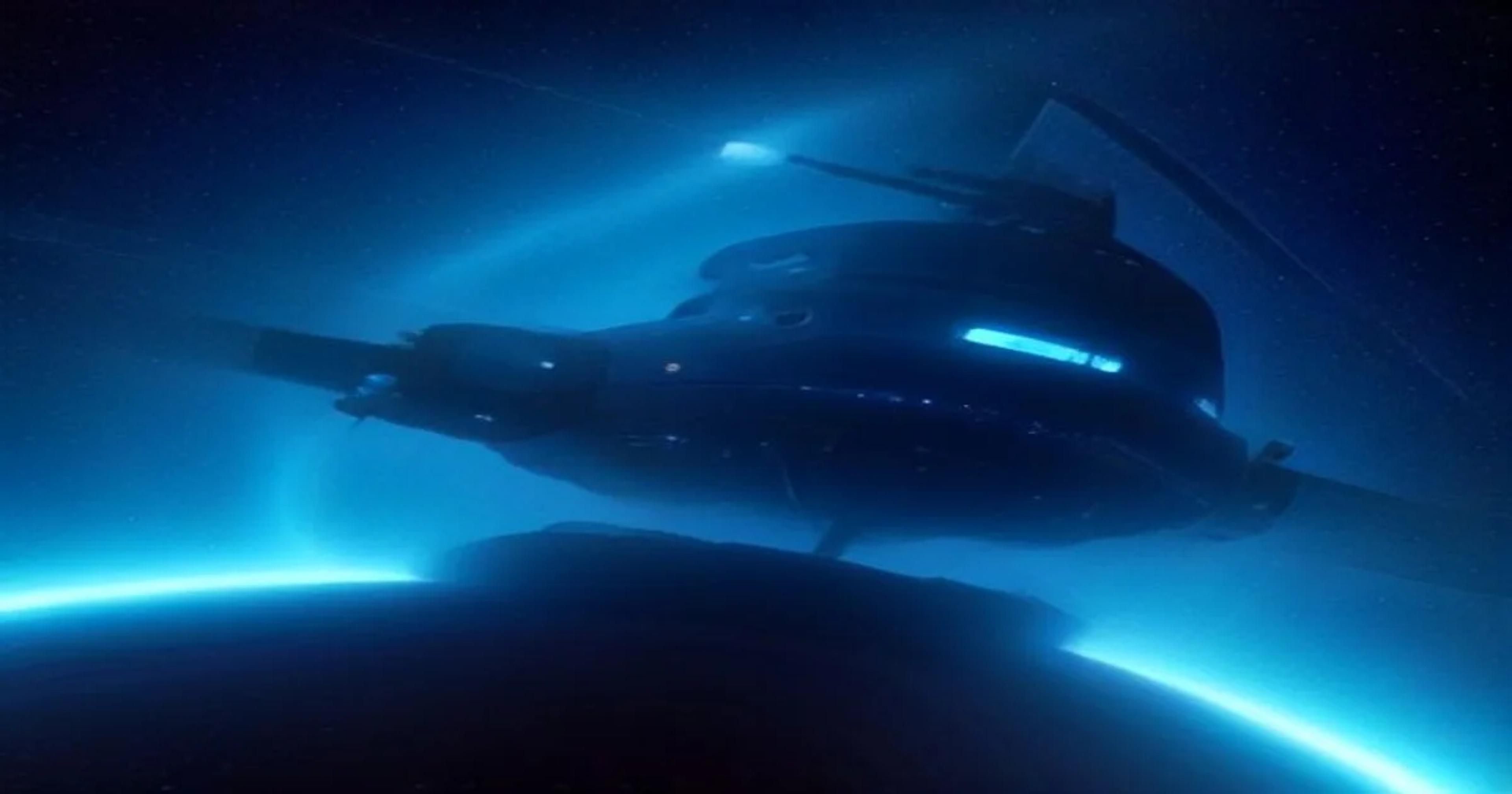 Autonomous space logistics vessel maneuvering through a nebula with digital data overlays