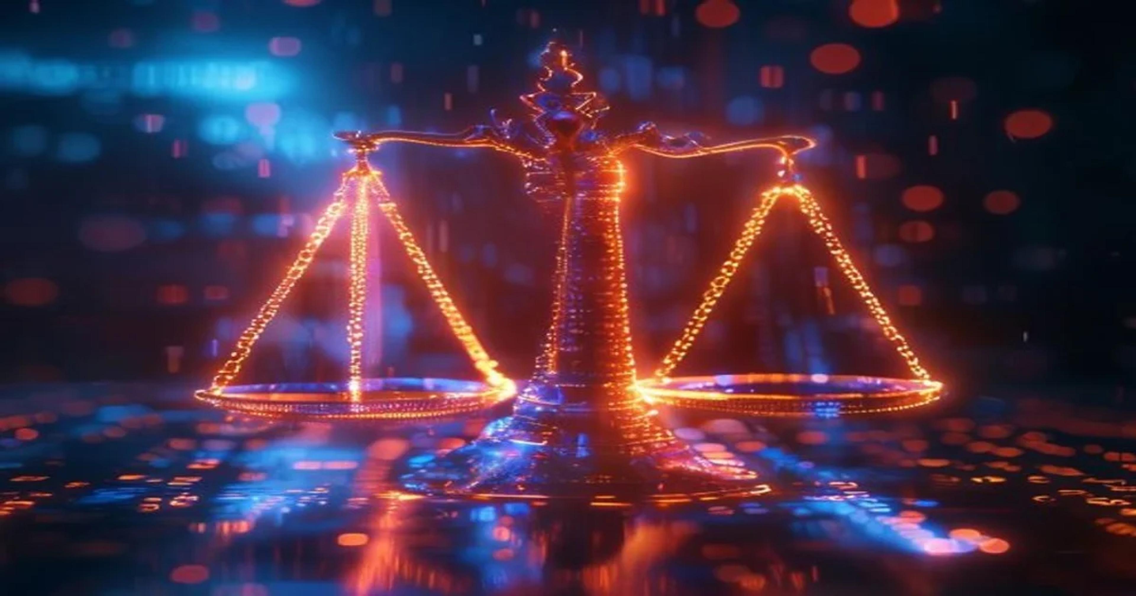 Digital representation of algorithmic bias auditing showing scales balancing data points.