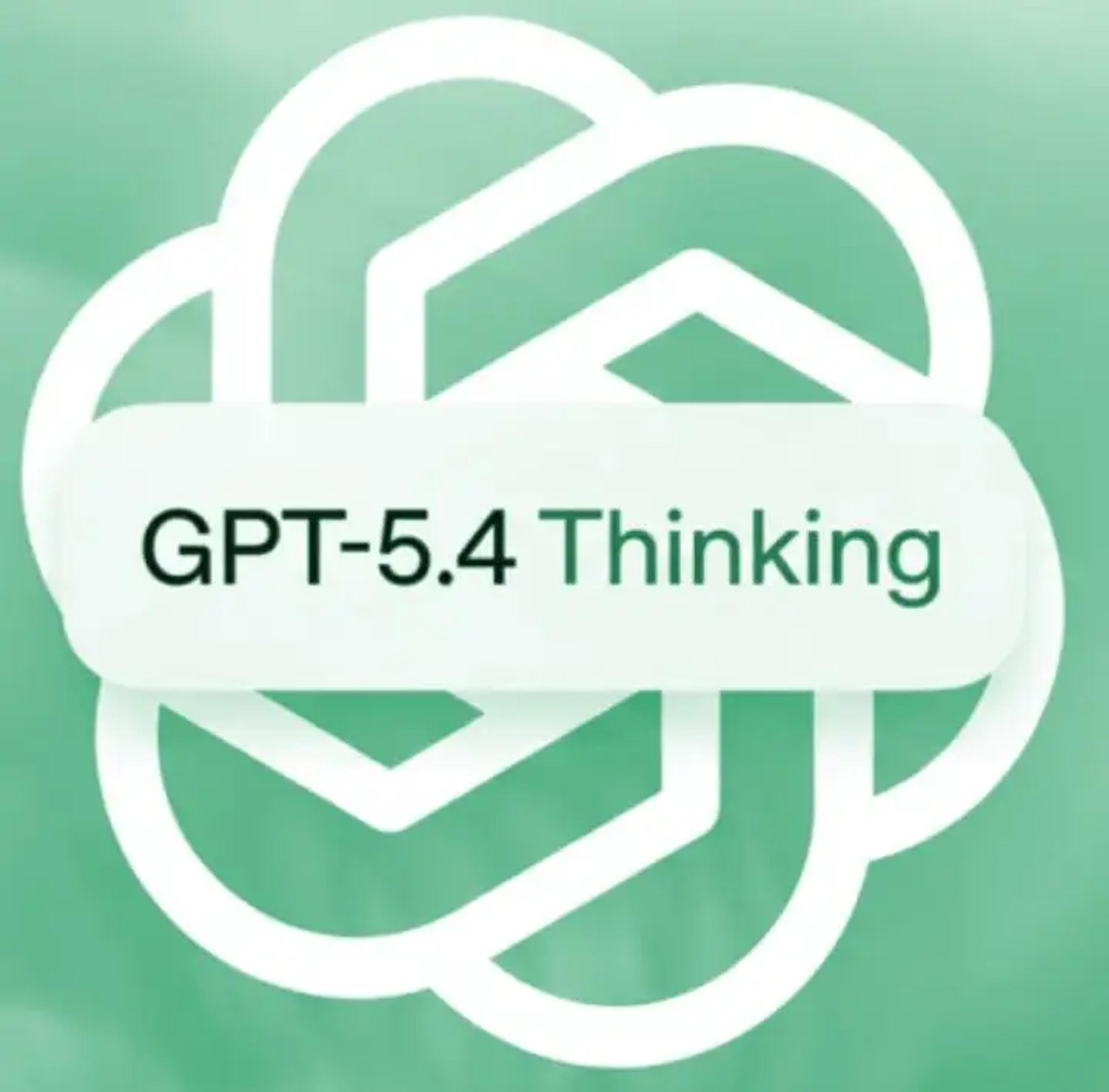 A digital graphic featuring the white OpenAI logo on a soft green gradient background. A white pill-shaped banner is superimposed in the center with the text "GPT-5.4 Thinking" in a clean sans-serif font, representing the new reasoning-based AI model