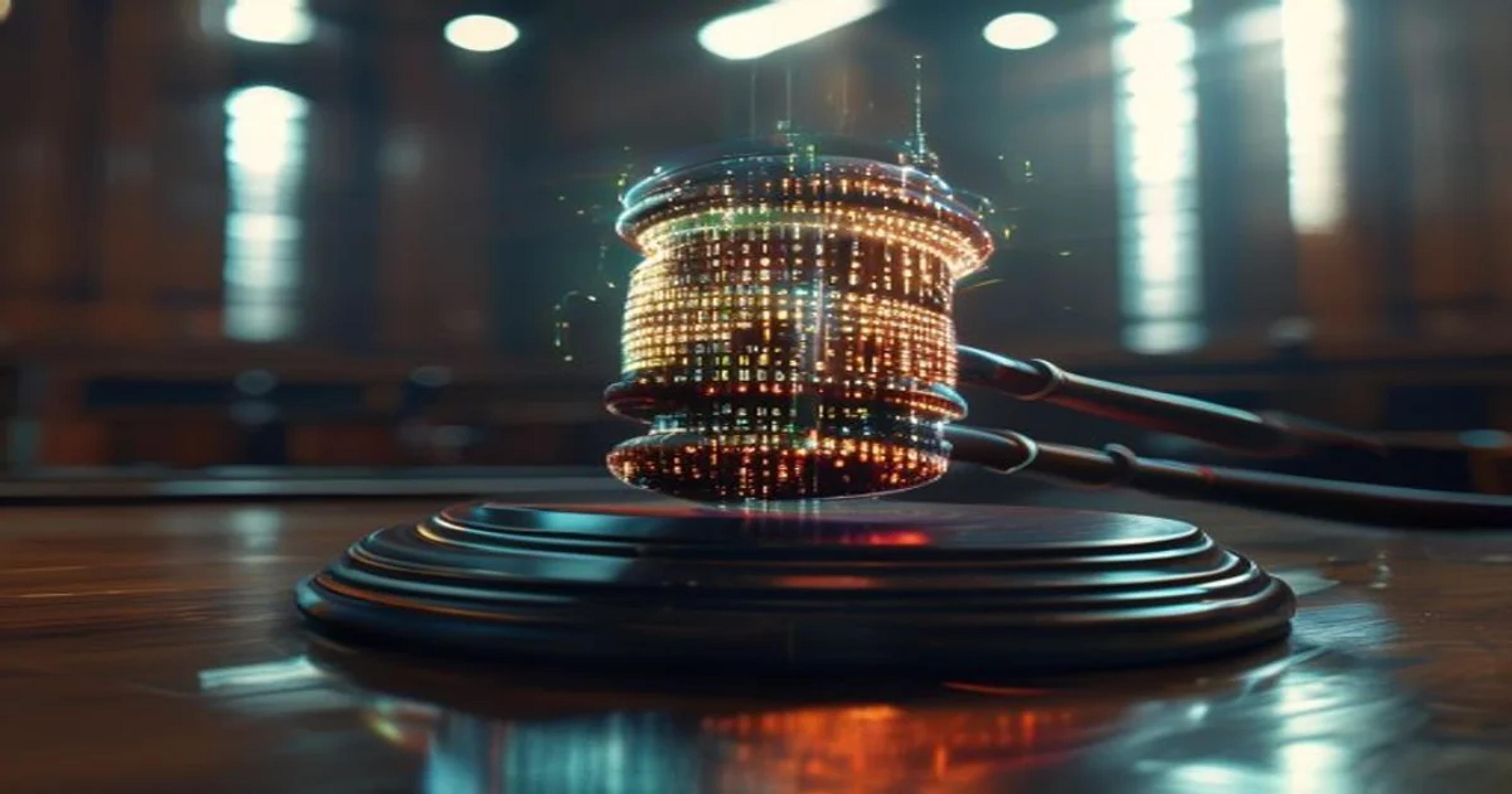 A glowing digital gavel representing the intersection of artificial intelligence and law.