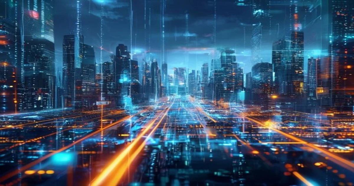 A conceptual rendering of a smart city integrated with digital AI governance frameworks.